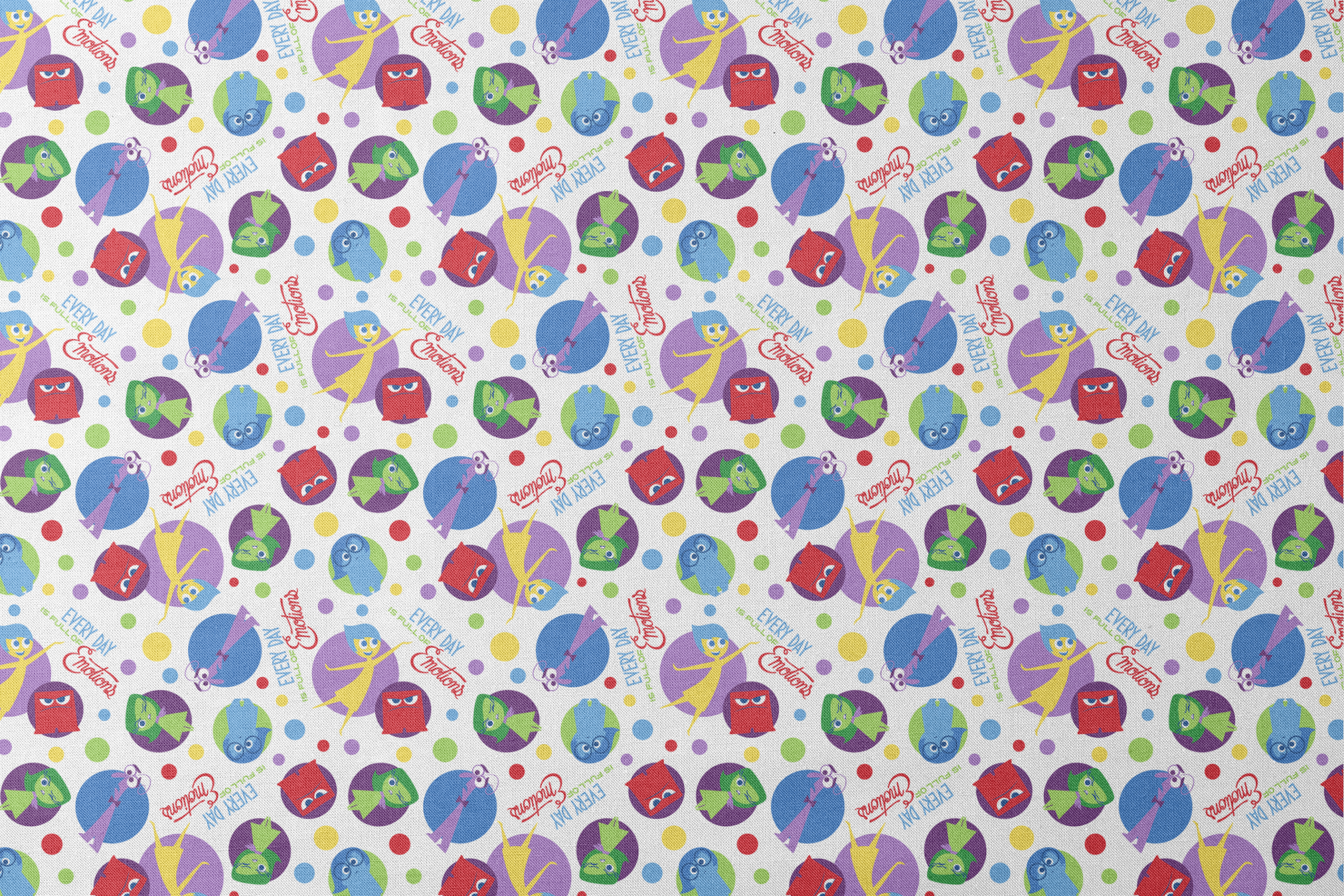 Colorful Inside Out characters in circles - Joy, Sadness, Fear, Disgust, and Anger on polka dot background designs flat mockup