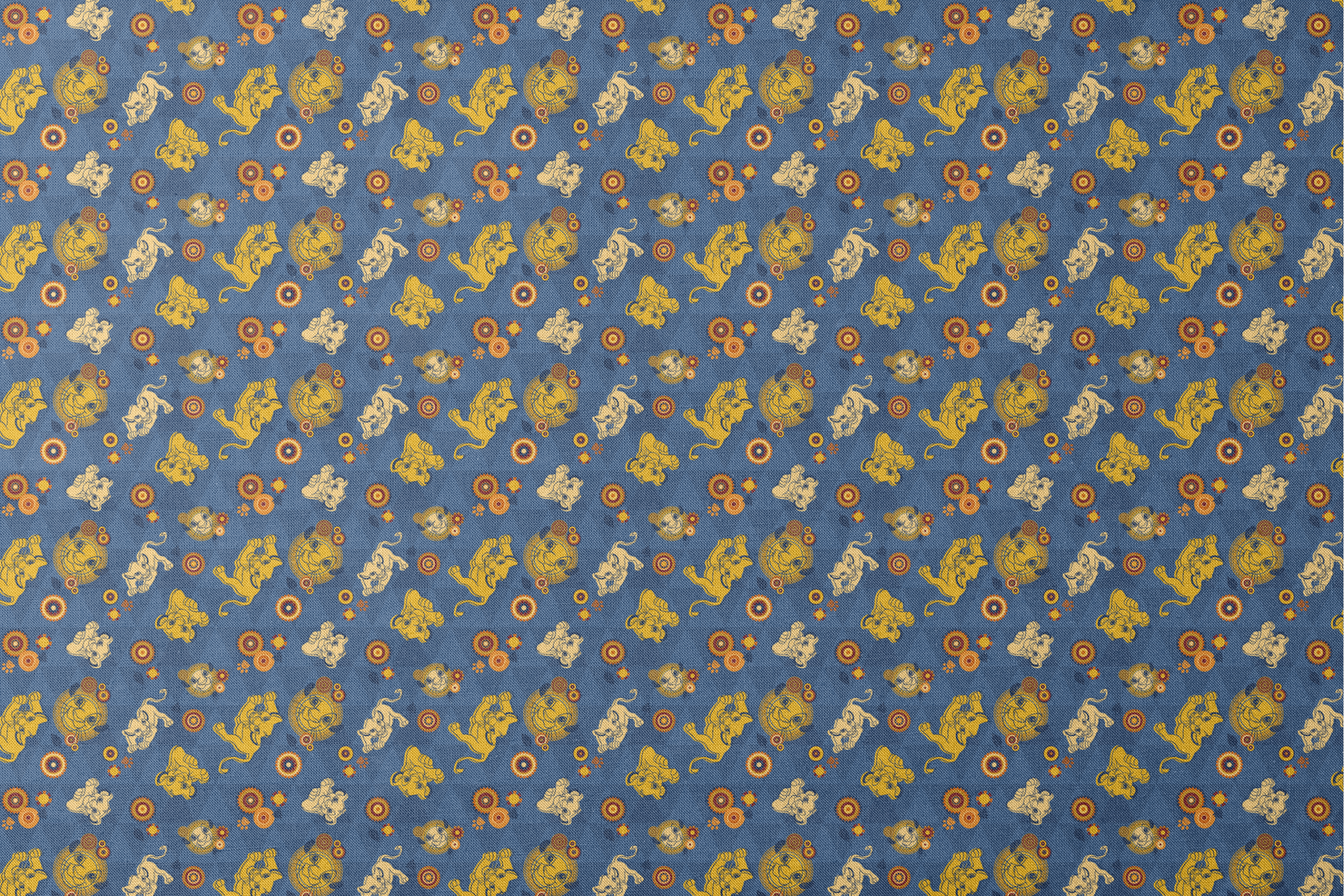 Geometric pattern with yellow lion figures and circular designs on blue triangular background designs flat mockup