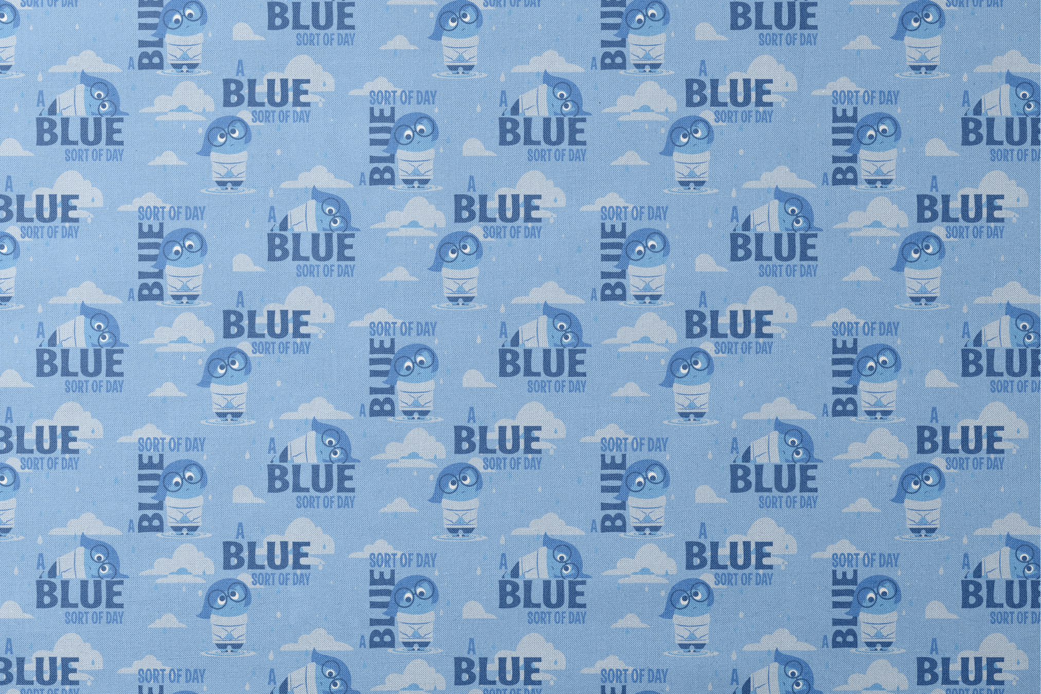Sadness from Disney and Pixar's Inside Out pattern with "BLUE SORT OF DAY" text on light blue background with clouds designs flat mockup