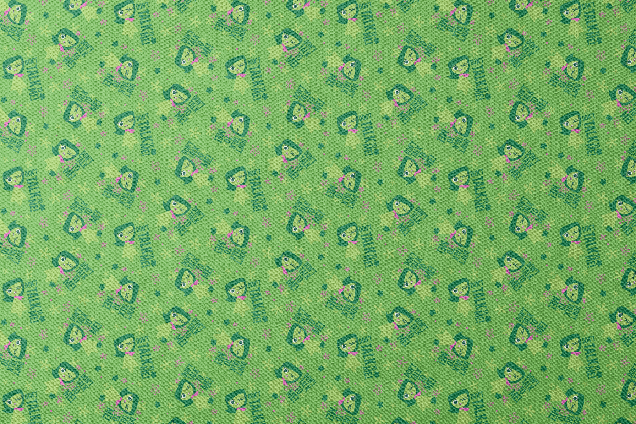 Green background with Disgust from Inside Out and "Don't Talk To Me" text, featuring stars and floral elements designs flat mockup