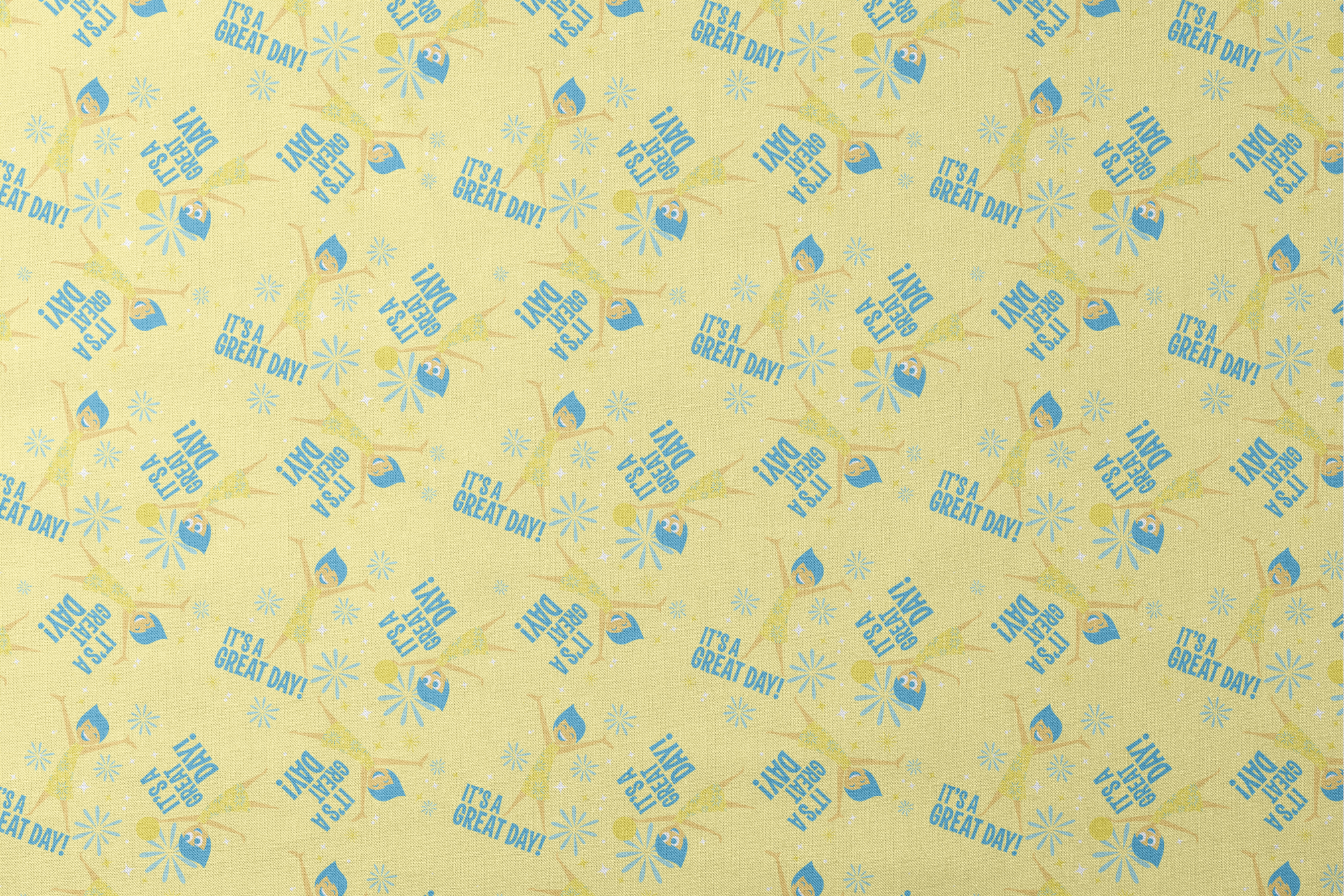 Cheerful Inside Out pattern with blue "IT'S A GREAT DAY!" text and decorative white accents designs flat mockup