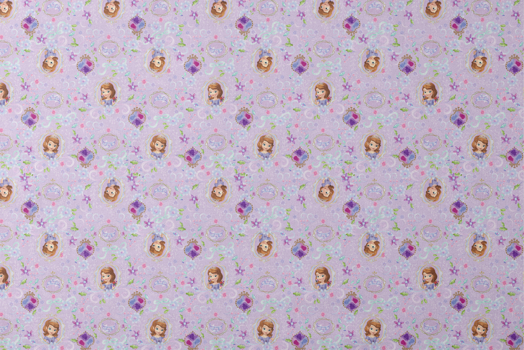 Princess Sofia pattern with purple flowers and swirls on lavender background designs flat mockup