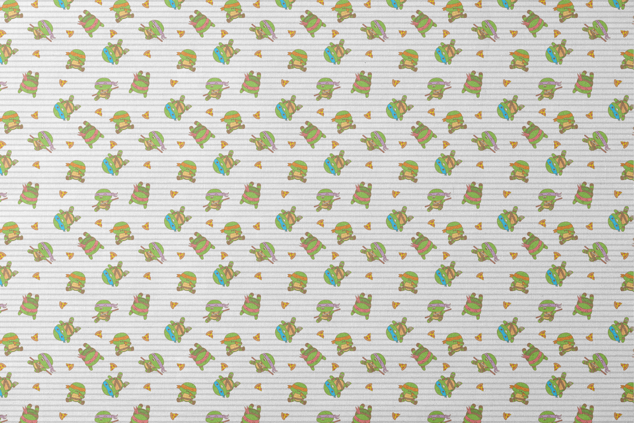 Teenage Mutant Ninja Turtles in various poses with pizza slices on gray striped background designs flat mockup
