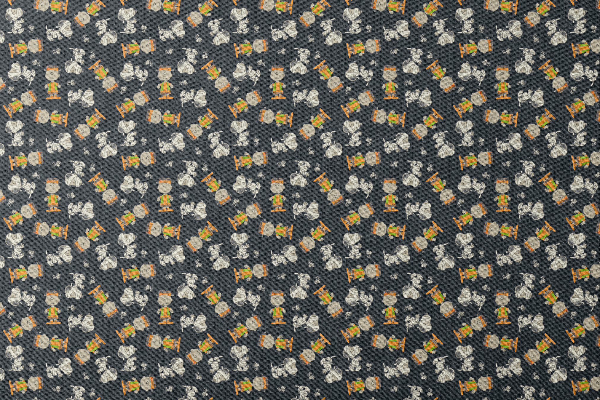 Peanuts characters pattern on black background featuring Snoopy and Charlie Brown in fall outfits designs flat mockup