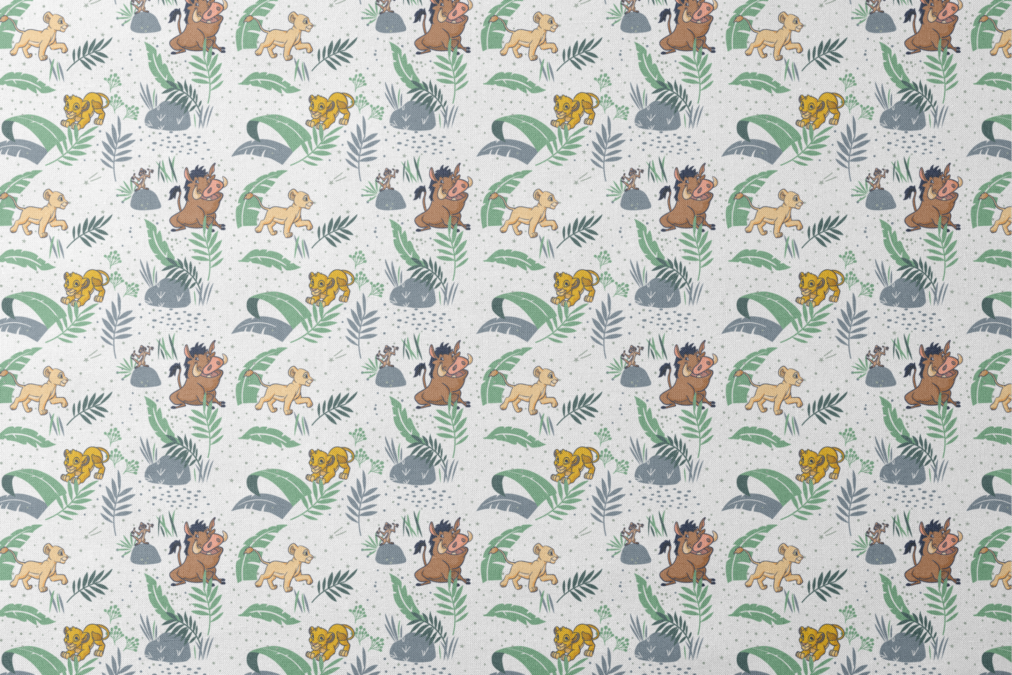 Cartoon lion cubs playing among tropical leaves and plants in green and blue tones on white background designs flat mockup