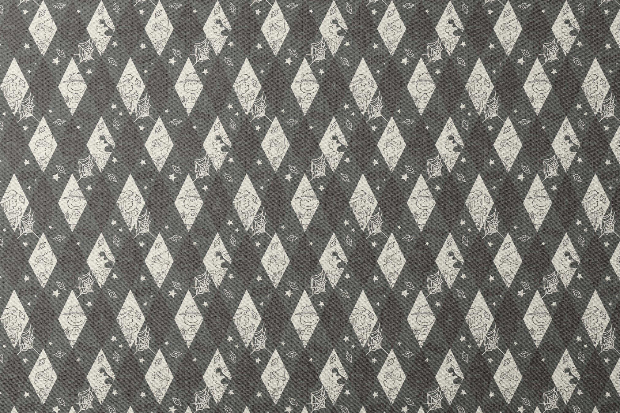 Diamond pattern with Peanuts characters and Halloween motifs in black and cream, featuring spider webs, stars, and "BOO!" text. designs flat mockup