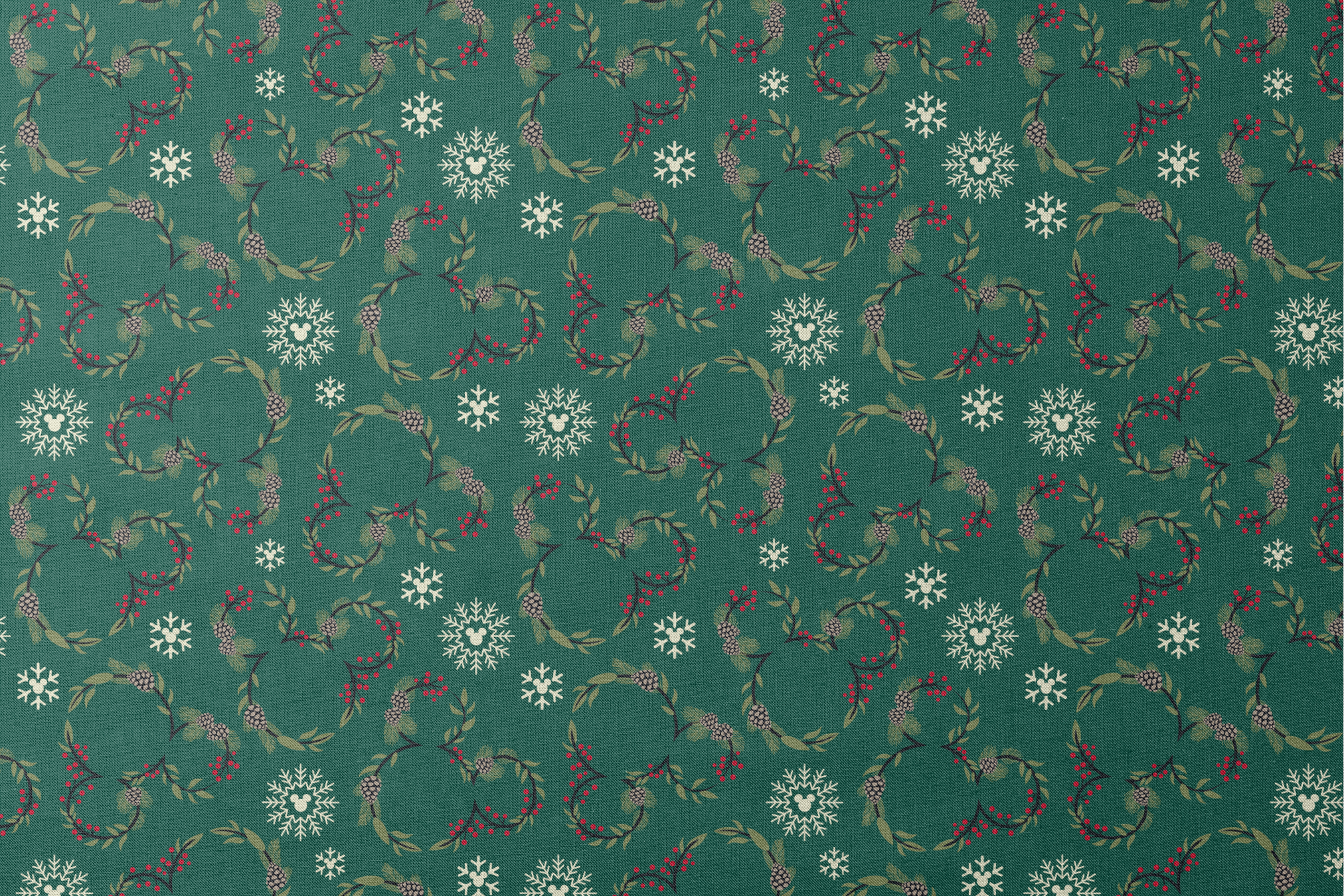 Holiday pattern with green wreaths, pinecones, red berries and white snowflakes on dark green background designs flat mockup
