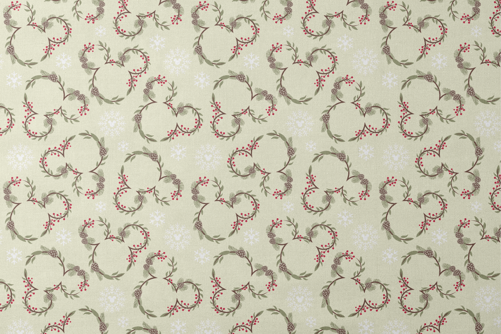 Holiday pattern with pine wreaths, red berries, and white snowflakes on light green background designs flat mockup
