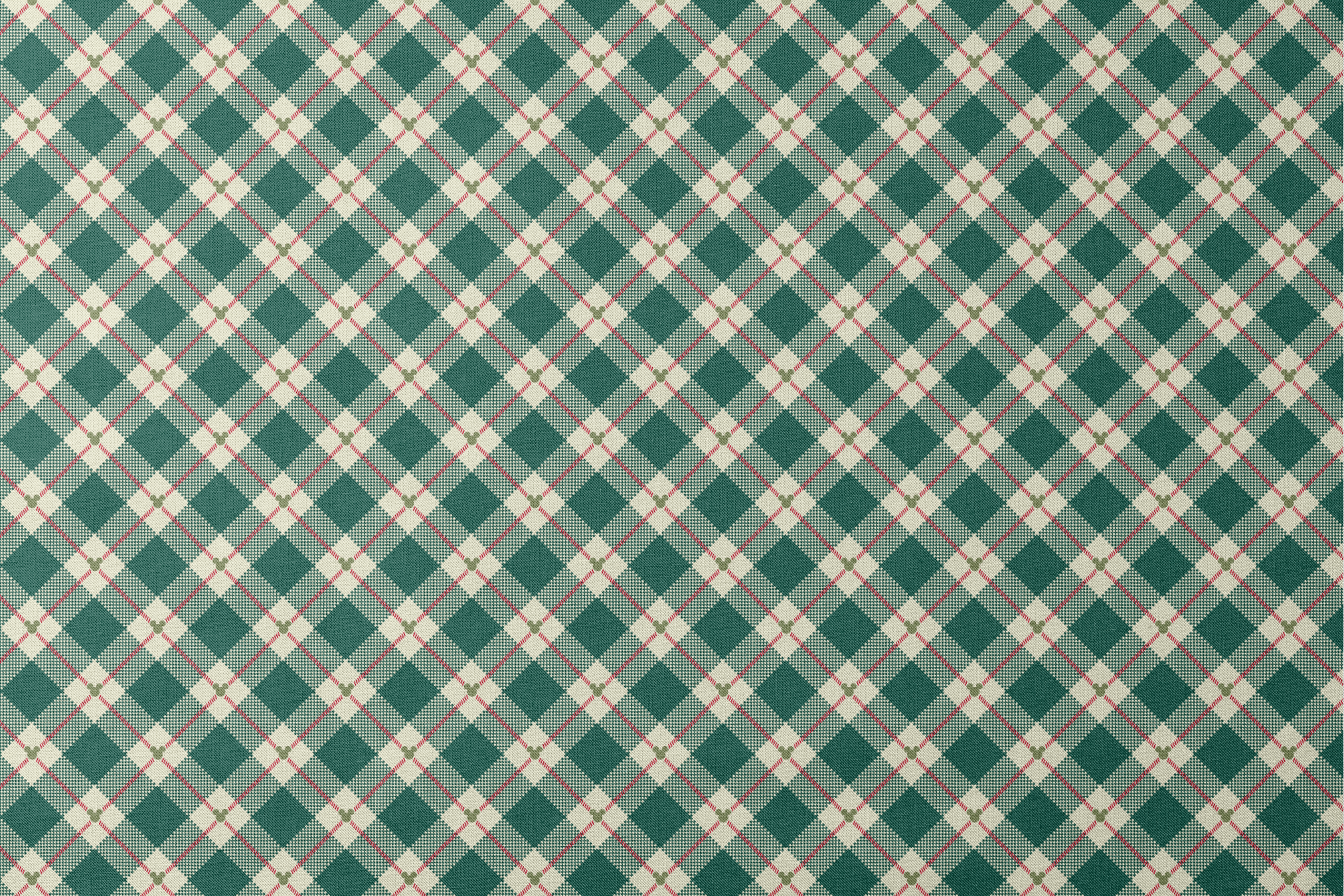 Diagonal green and cream plaid pattern with small Mickey Mouse silhouettes at intersections of red stripes designs flat mockup