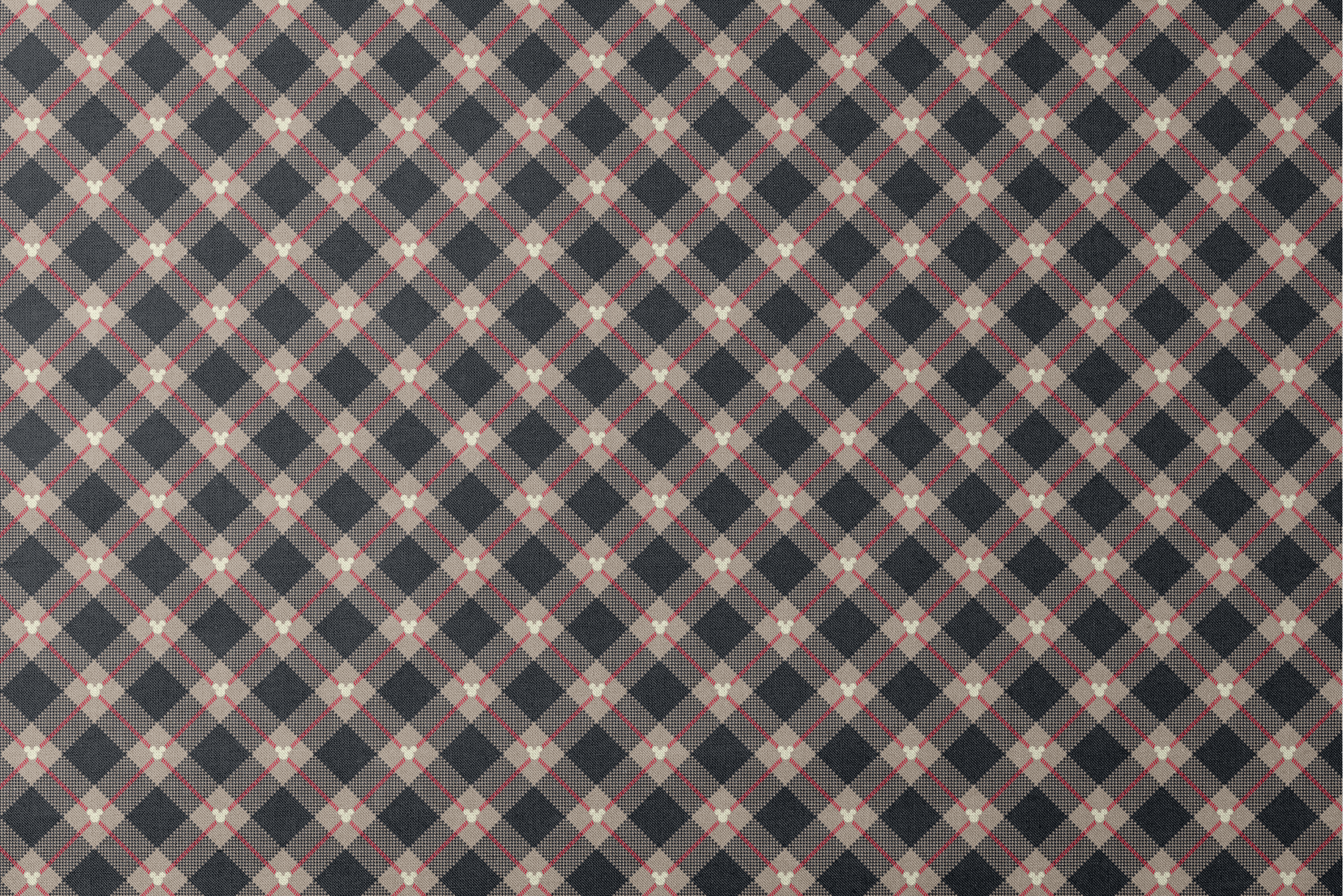 Diagonal plaid pattern with navy, beige, red stripes, checkered sections and small white circular details designs flat mockup