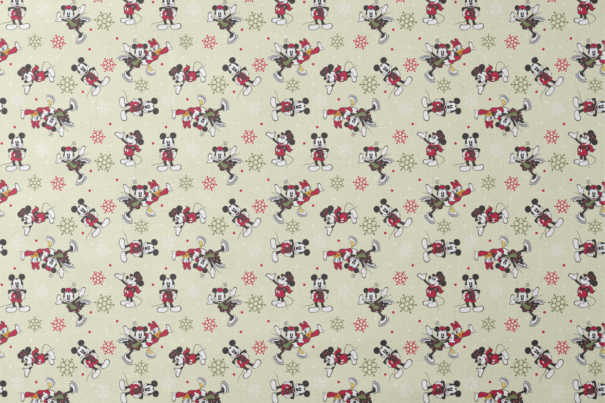 Holiday-themed cartoon mouse pattern with classic characters in red outfits on beige background with snowflakes. designs flat mockup