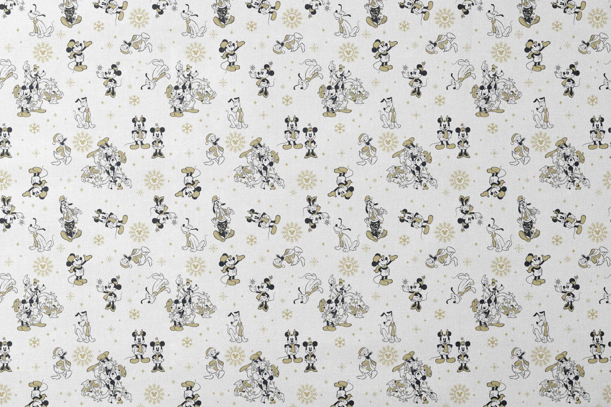 Vintage Disney characters pattern with Mickey, Minnie and Pluto on white background with gold snowflakes designs flat mockup