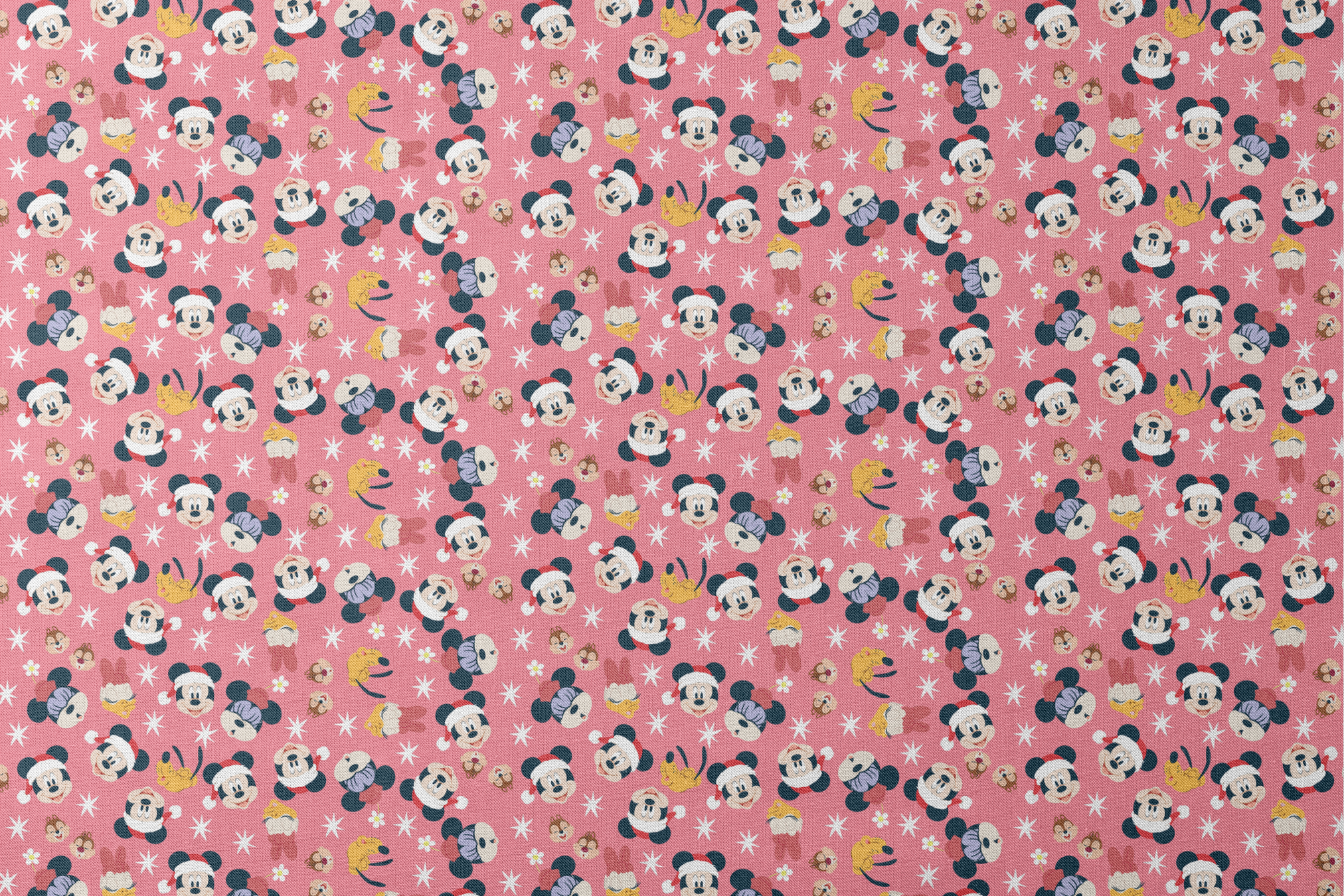 Mickey Mouse pattern with holiday elements on pink background, featuring white stars and gold accents designs flat mockup