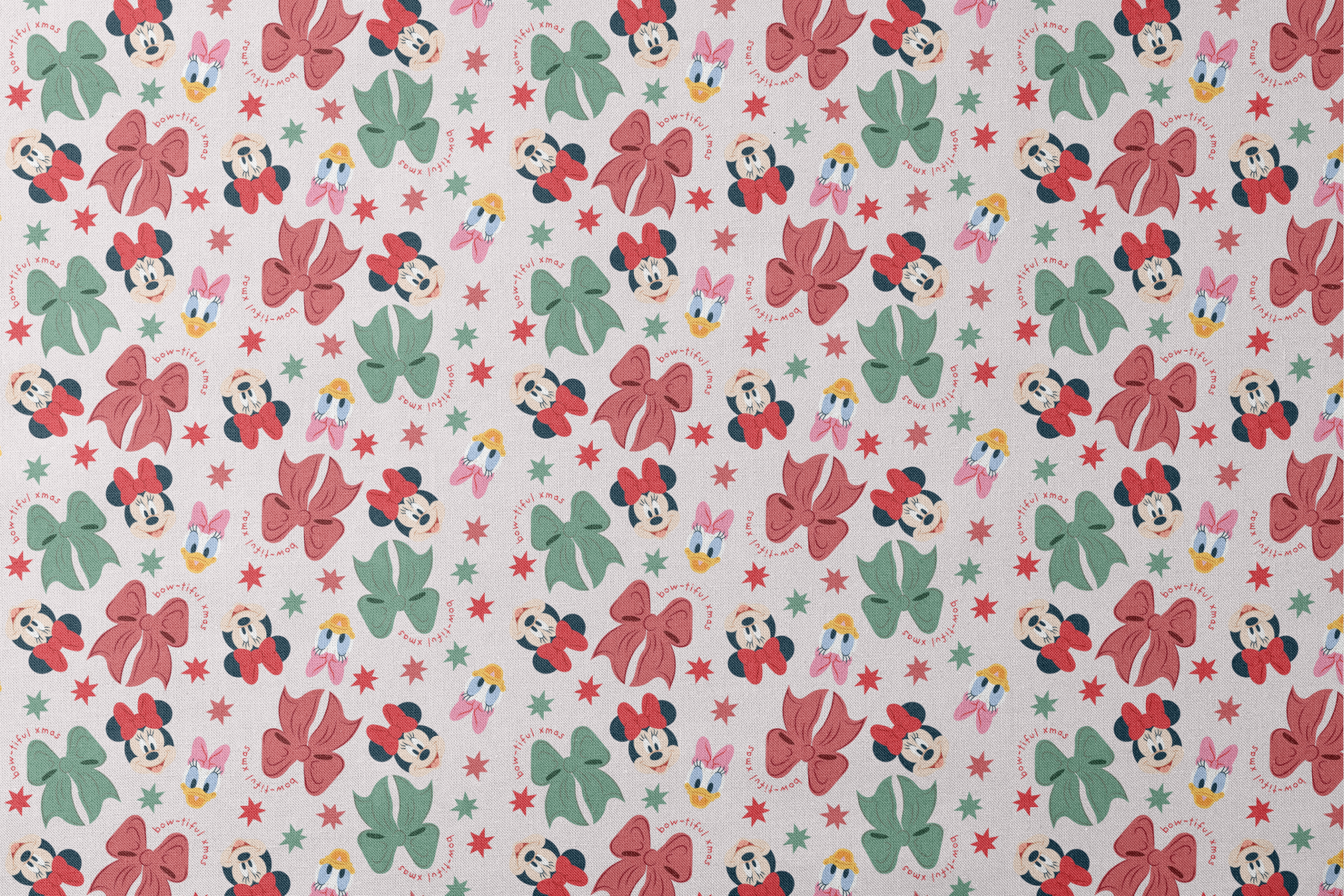 Disney pattern with Minnie Mouse and Daisy Duck characters, green and red bows, and green stars on light background. designs flat mockup