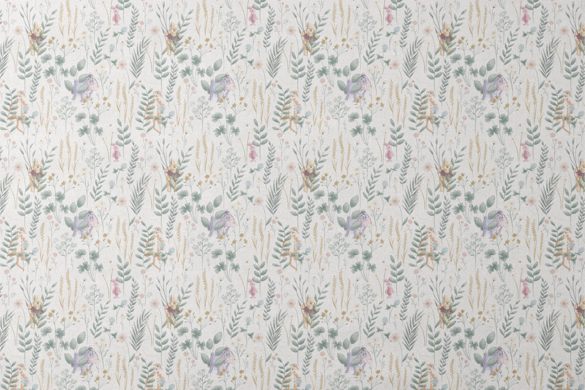 Whimsical botanical pattern with colorful teddy bears and creatures among green plants and flowers designs flat mockup