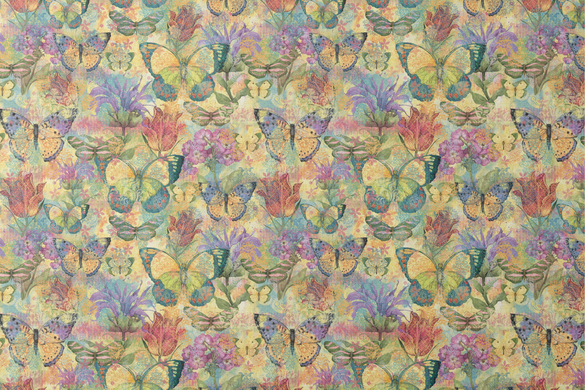 Colorful pattern of butterflies and flowers in vibrant yellows, purples, and reds with watercolor texture designs flat mockup