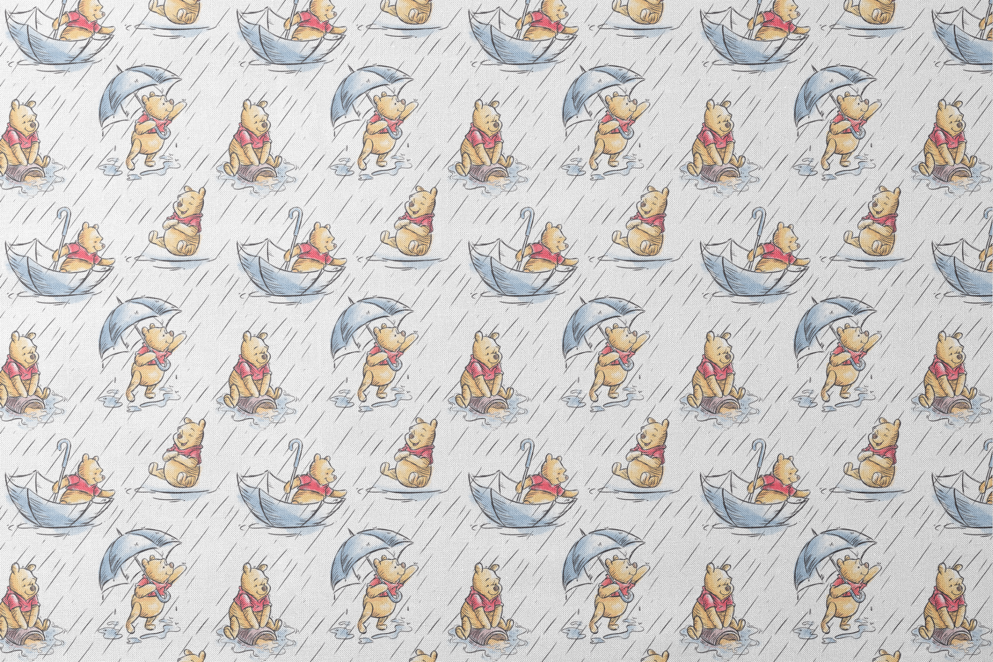 Small bear characters in a rainy scene - some holding umbrellas, others in paper boats, wearing red shirts designs flat mockup