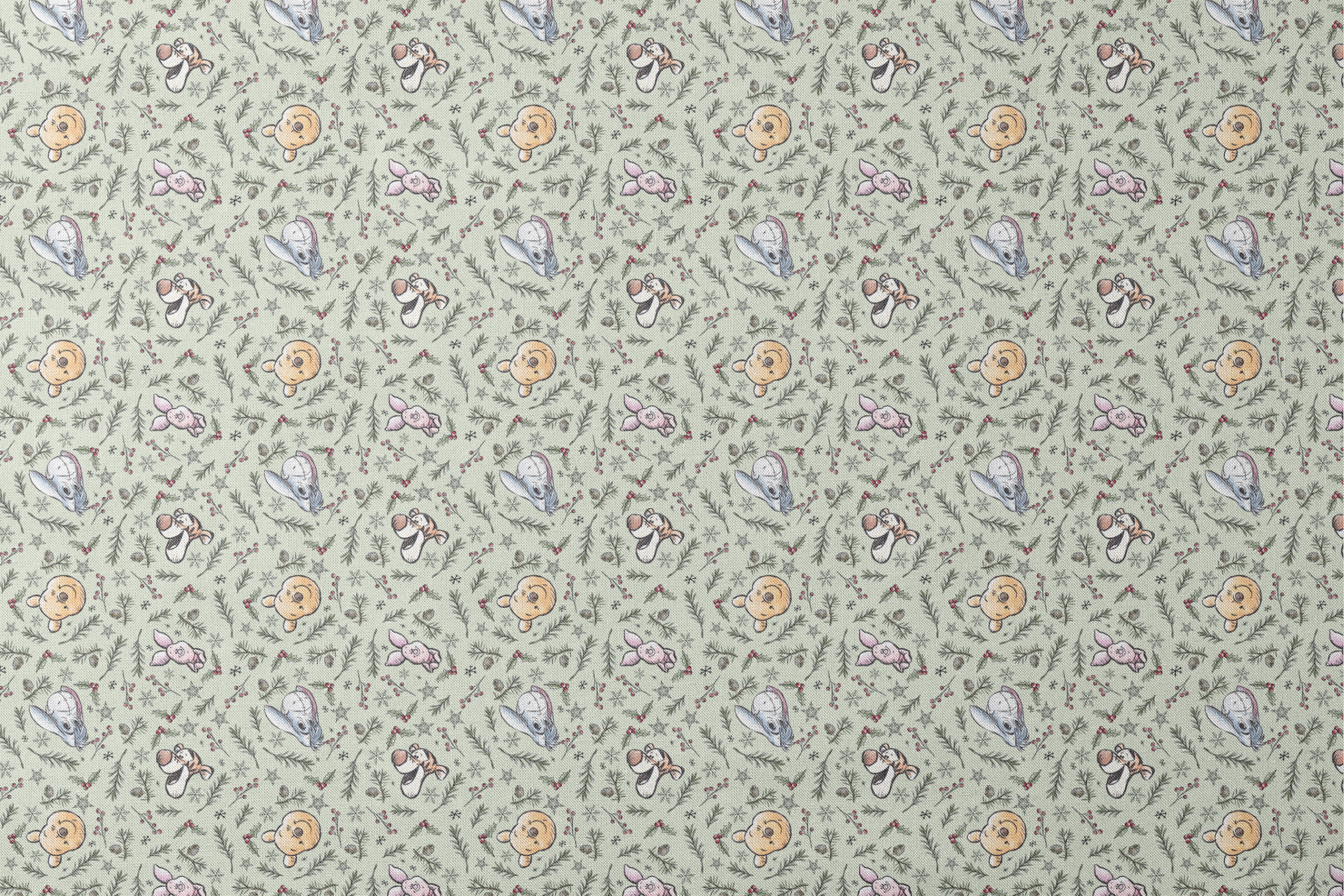 Whimsical holiday pattern with cartoon animals, pine branches, berries, and snowflakes on mint green designs flat mockup