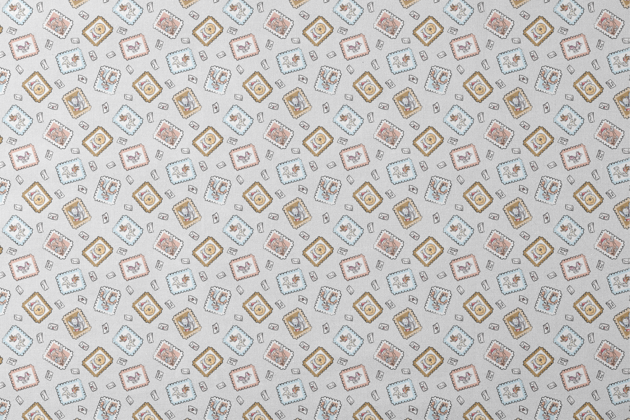 Vintage-style postage stamps with fairy tale illustrations on a light gray background with envelo... designs flat mockup