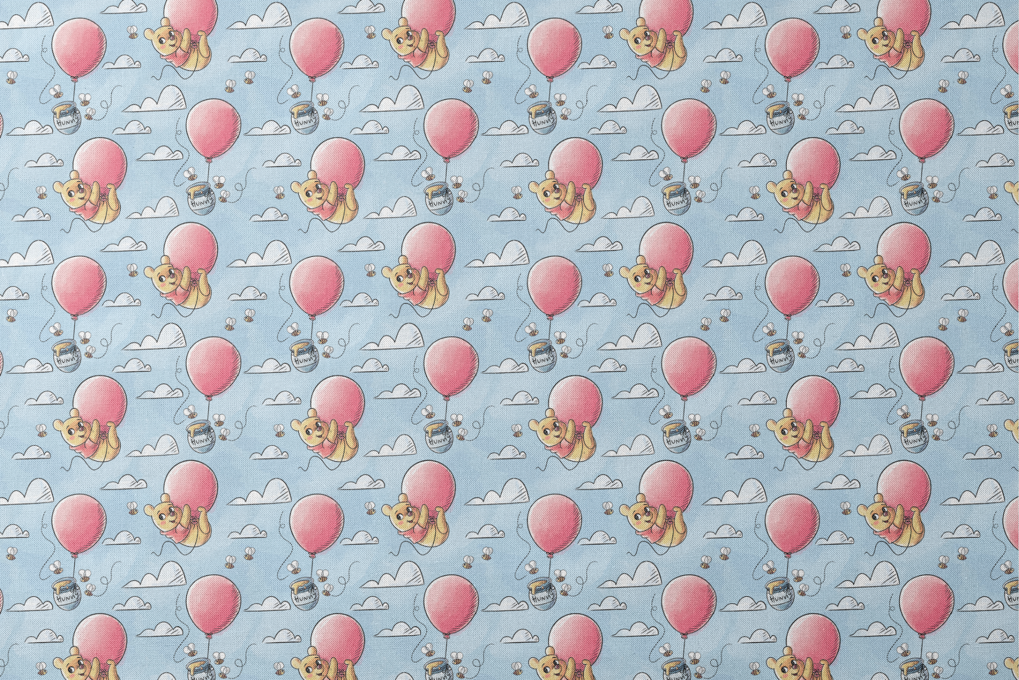 Cute yellow bear characters floating with pink balloons and honey pots against a blue sky with cl... designs flat mockup