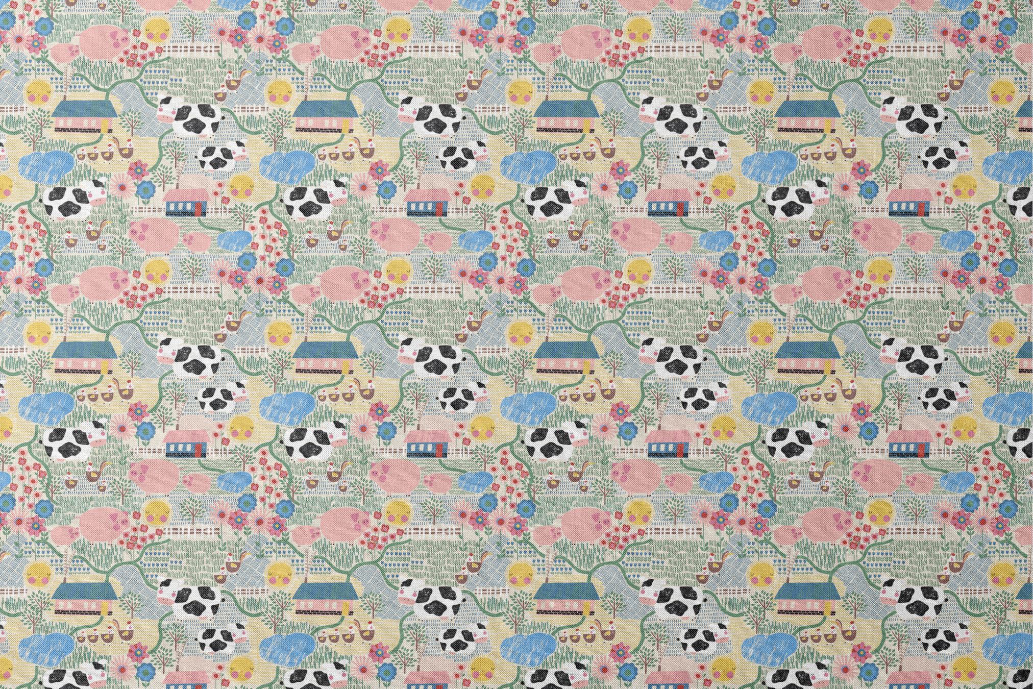 Colorful farm illustration with pink pigs, spotted cows, flowers, and small houses on textured ba... designs flat mockup