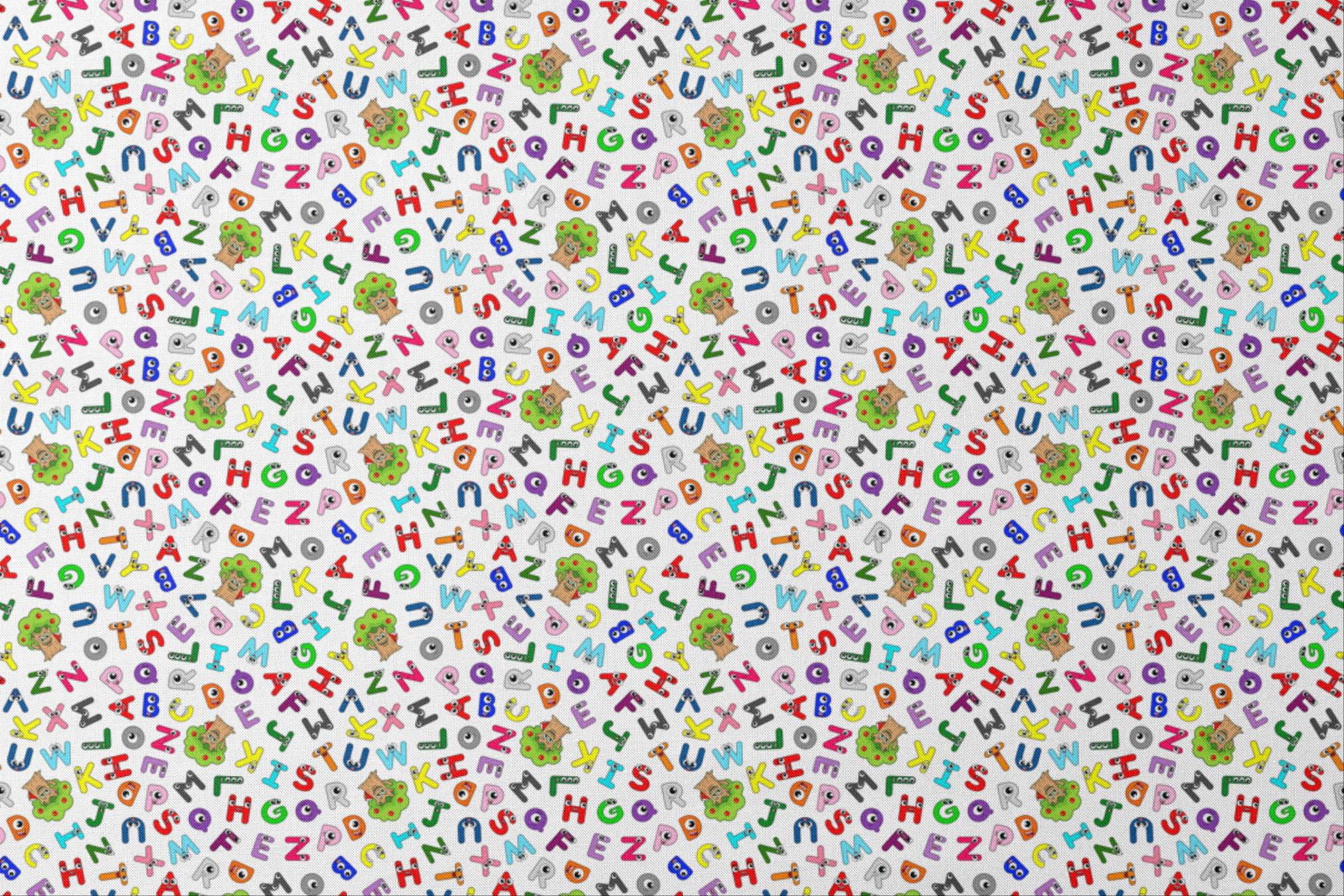 Colorful cartoon alphabet letters scattered randomly on white background with small monster characters designs flat mockup