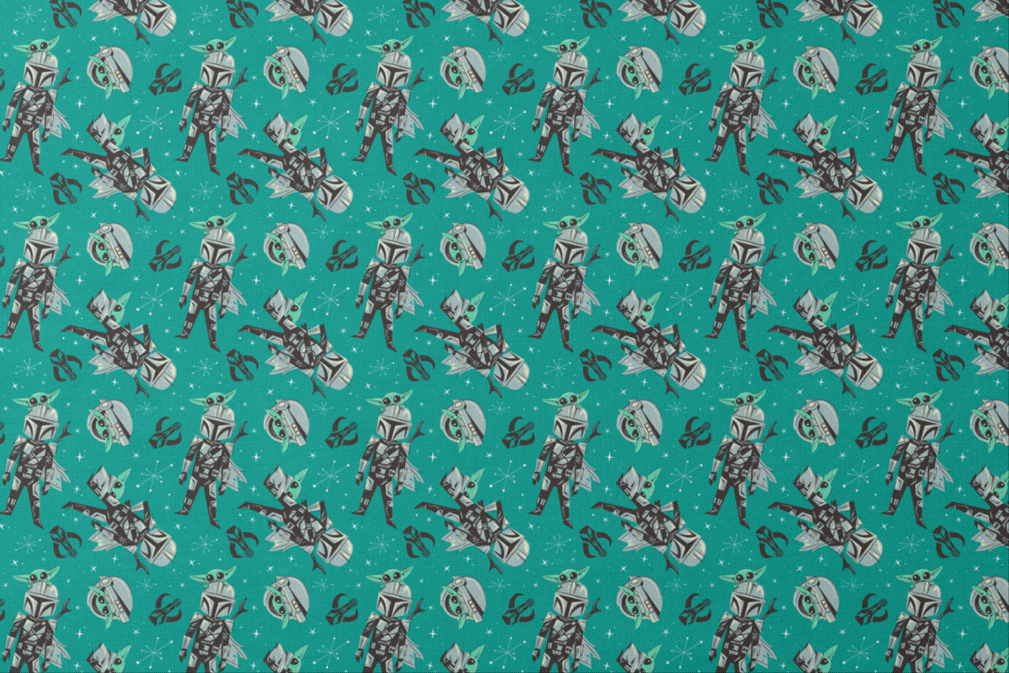 Cartoon-style Star Wars pattern with Baby Yoda and Mandalorian figures on teal background with stars designs flat mockup