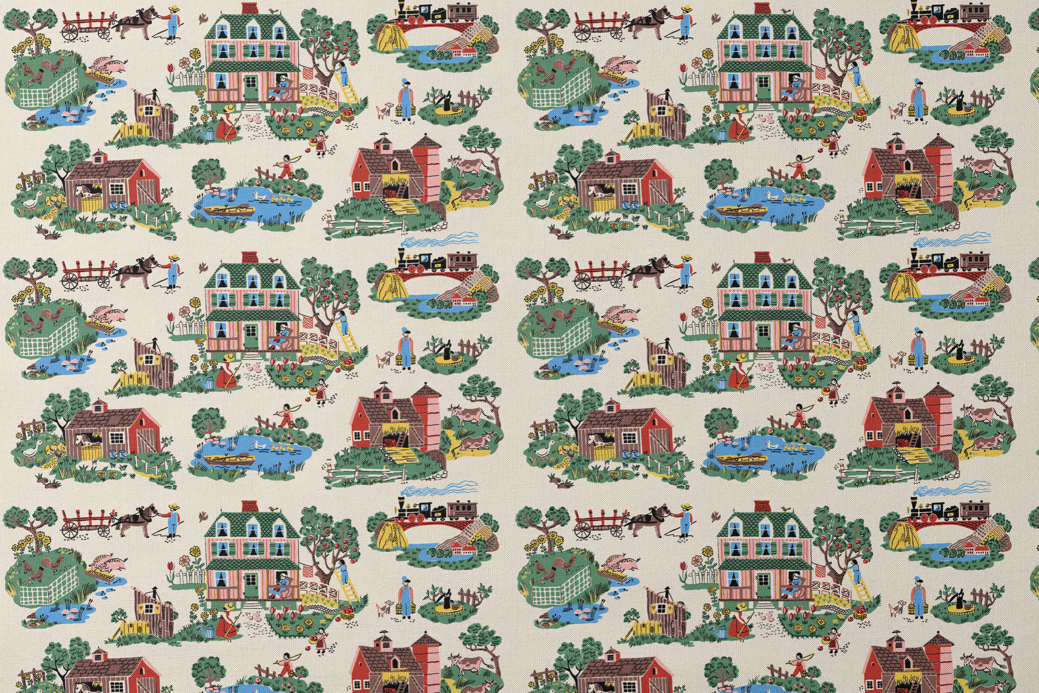 Colorful folk art illustration of country scenes with pink farmhouse, barns, and rural activities designs flat mockup