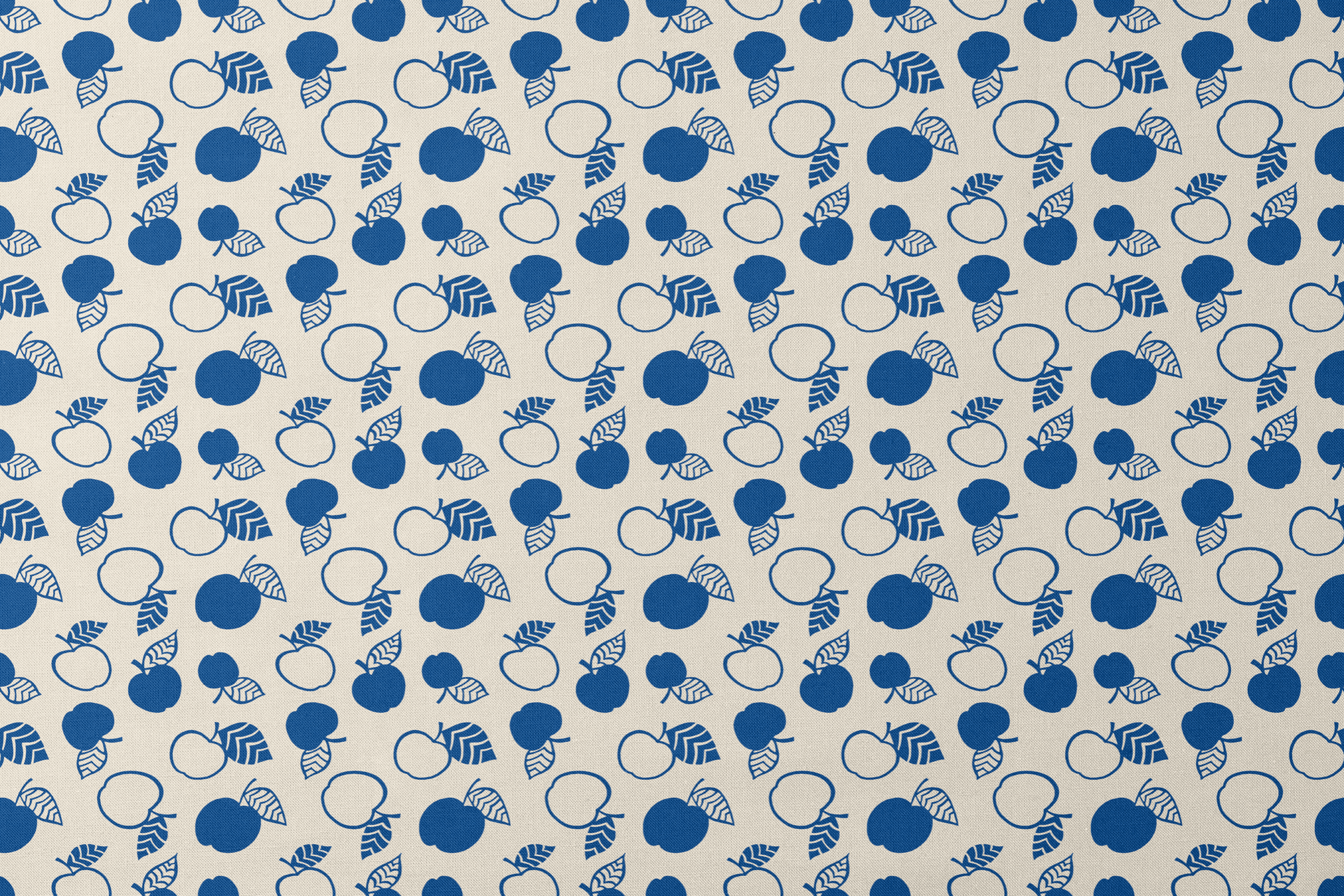 Blue apple illustrations and leaf outlines arranged in a scattered pattern on cream background. designs flat mockup