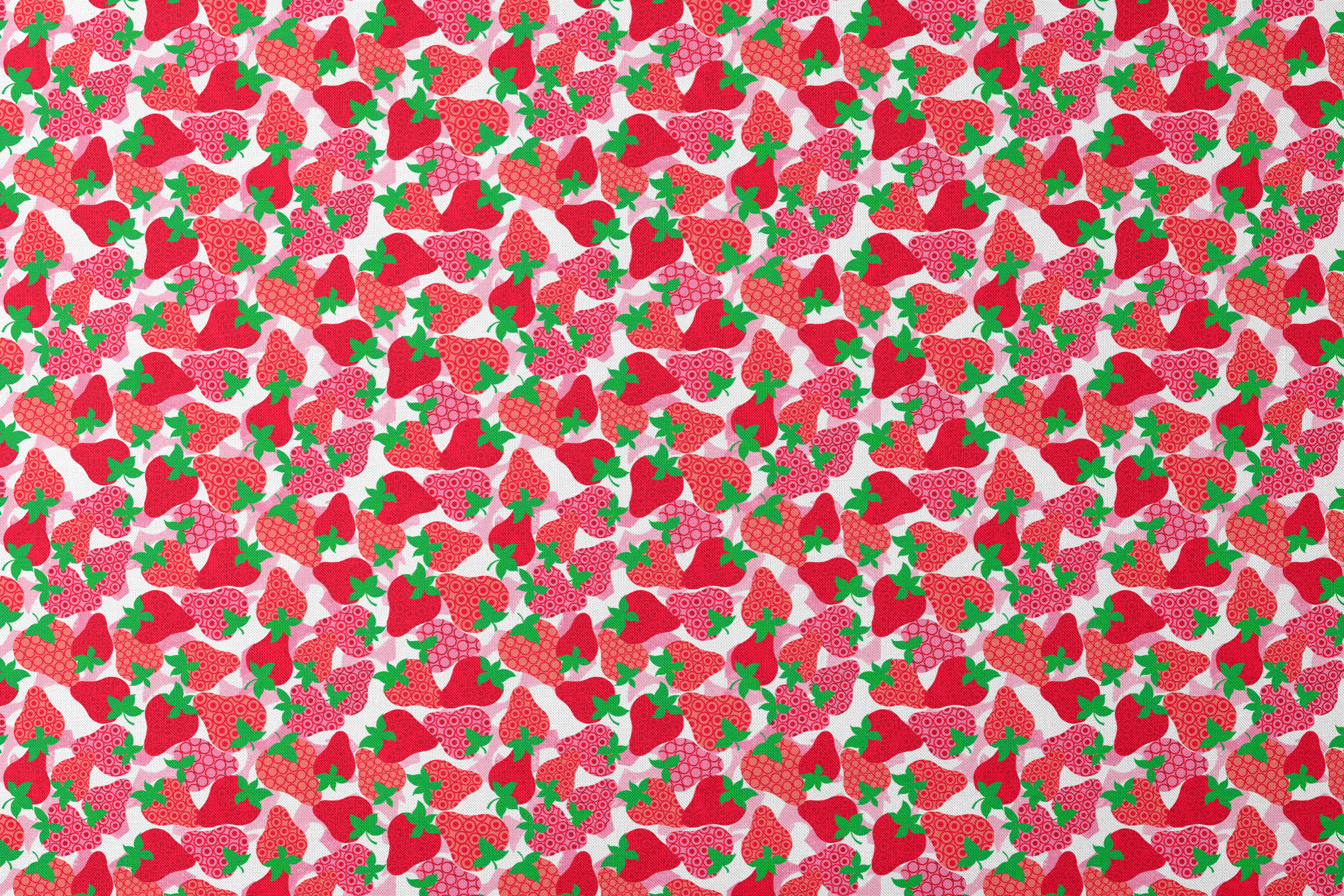 Colorful pattern of red strawberries with varied decorative patterns and green leaves on pink bac... designs flat mockup