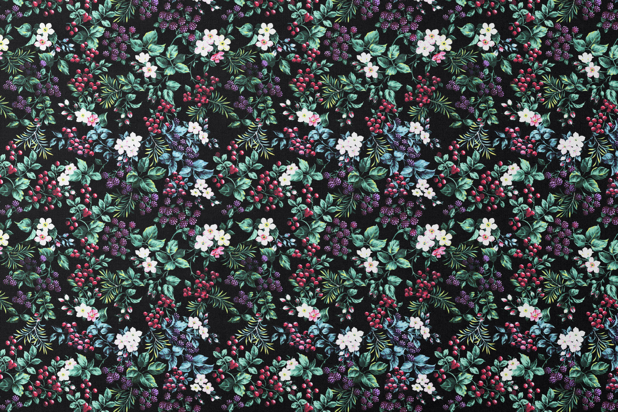 Colorful botanical pattern with white flowers, red cherries, purple blackberries, and green leaves on black background designs flat mockup