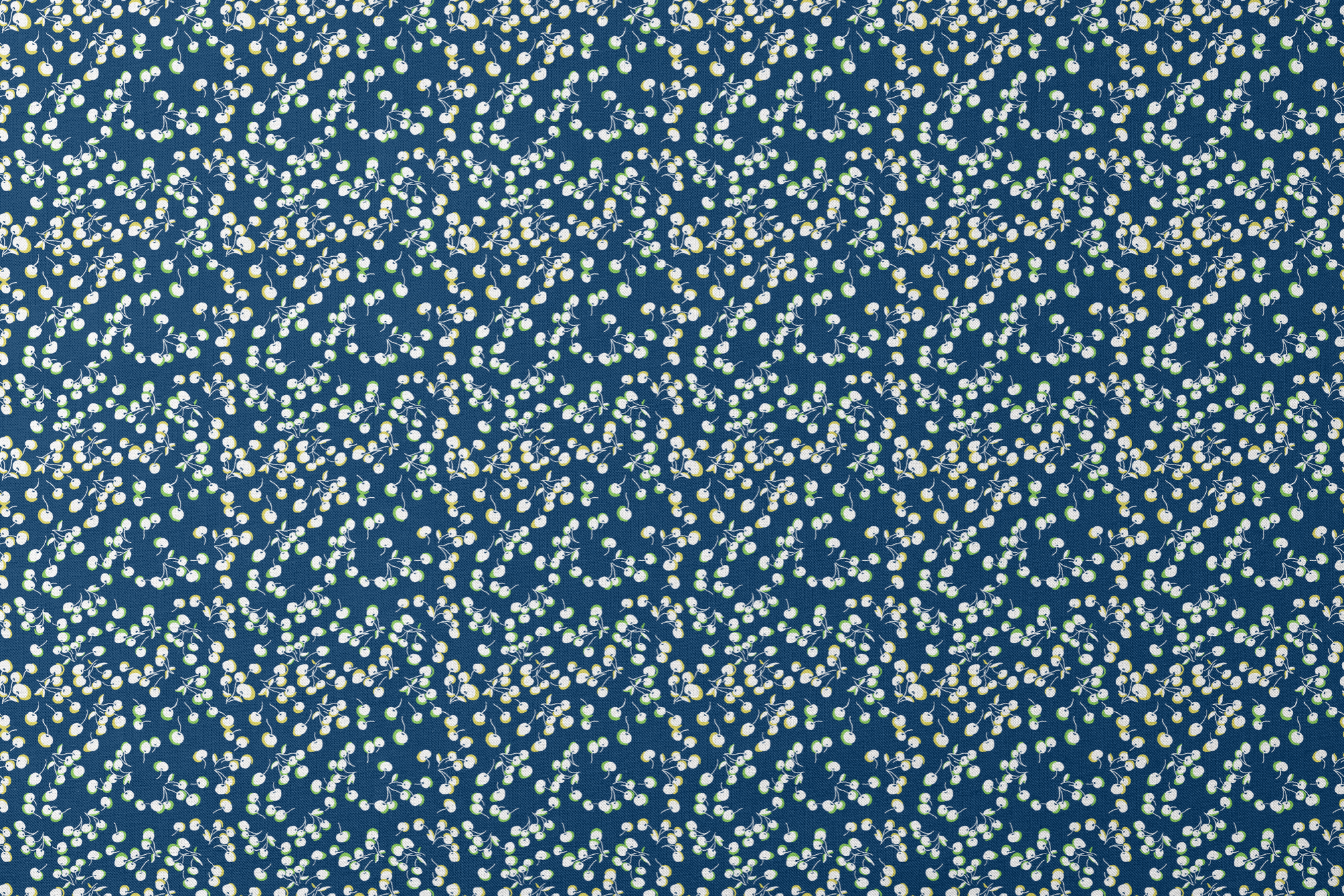 Delicate white and yellow floral pattern scattered across a deep navy blue background designs flat mockup