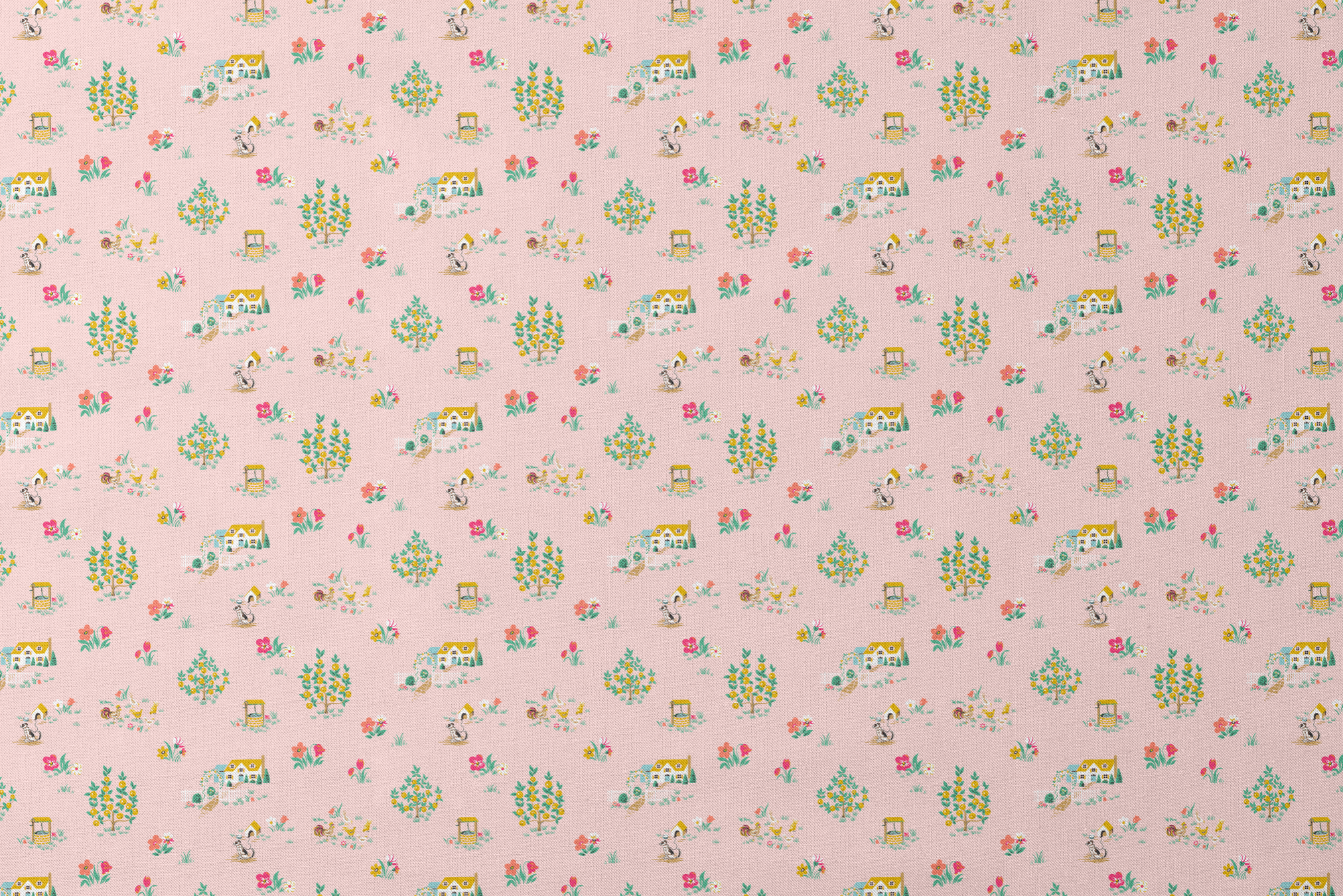 Whimsical pink pattern with cottages, flower bouquets, and garden scenes in yellow and coral designs flat mockup
