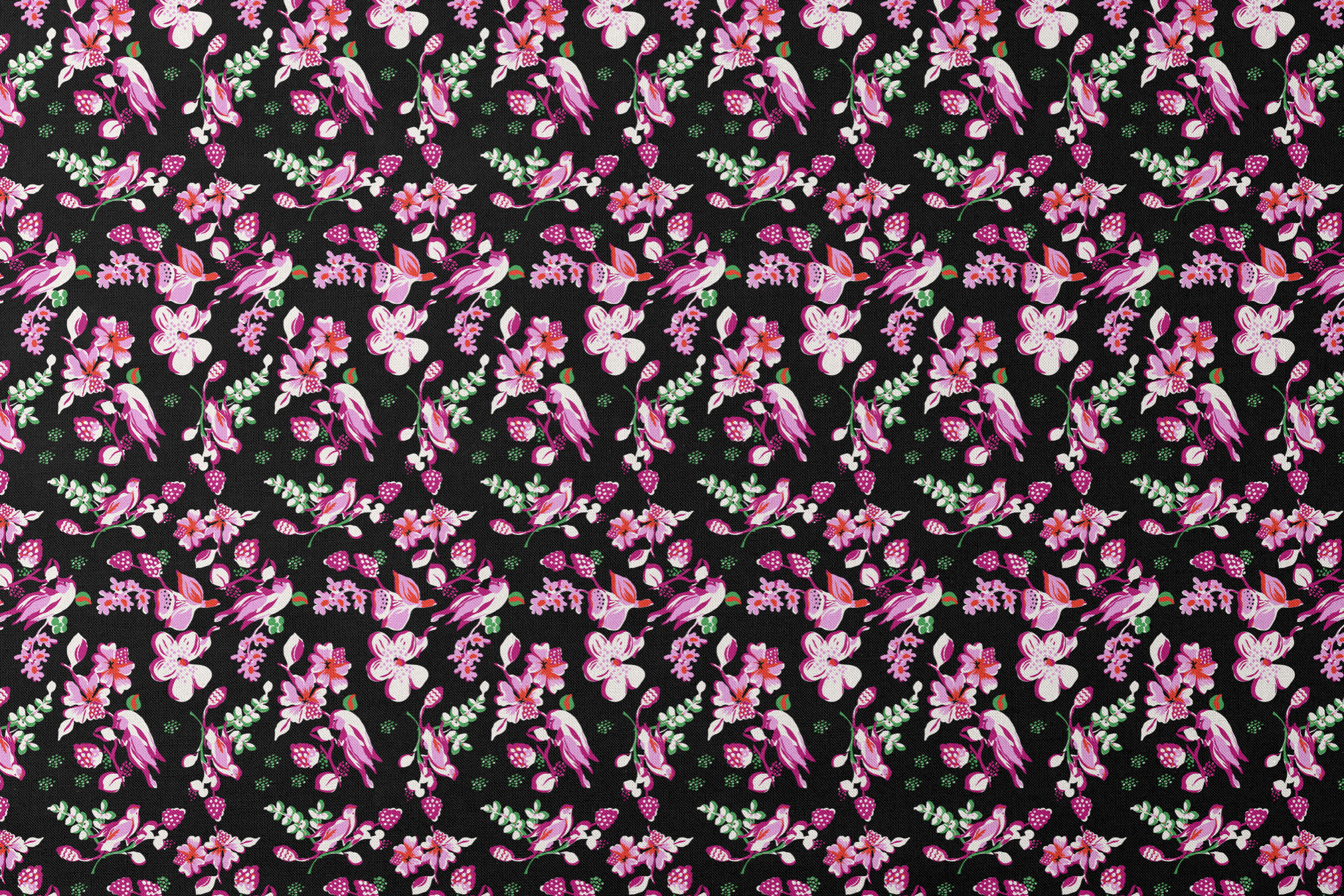 Vibrant pink birds and flowers pattern on black background with strawberry accents designs flat mockup