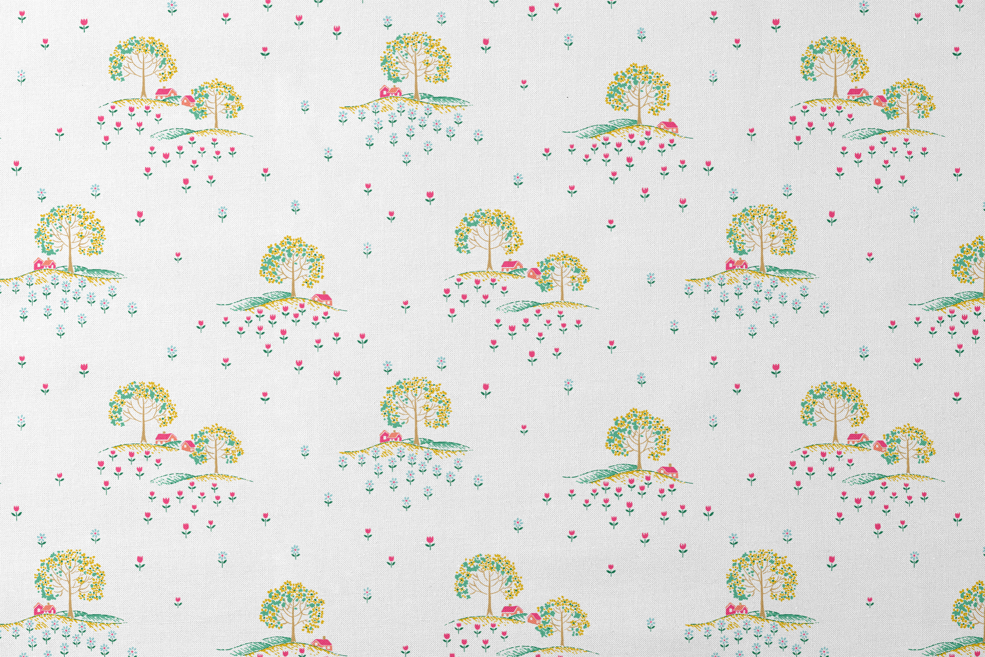 Whimsical pattern of colorful trees on small hills with scattered tiny flowers on a white background designs flat mockup