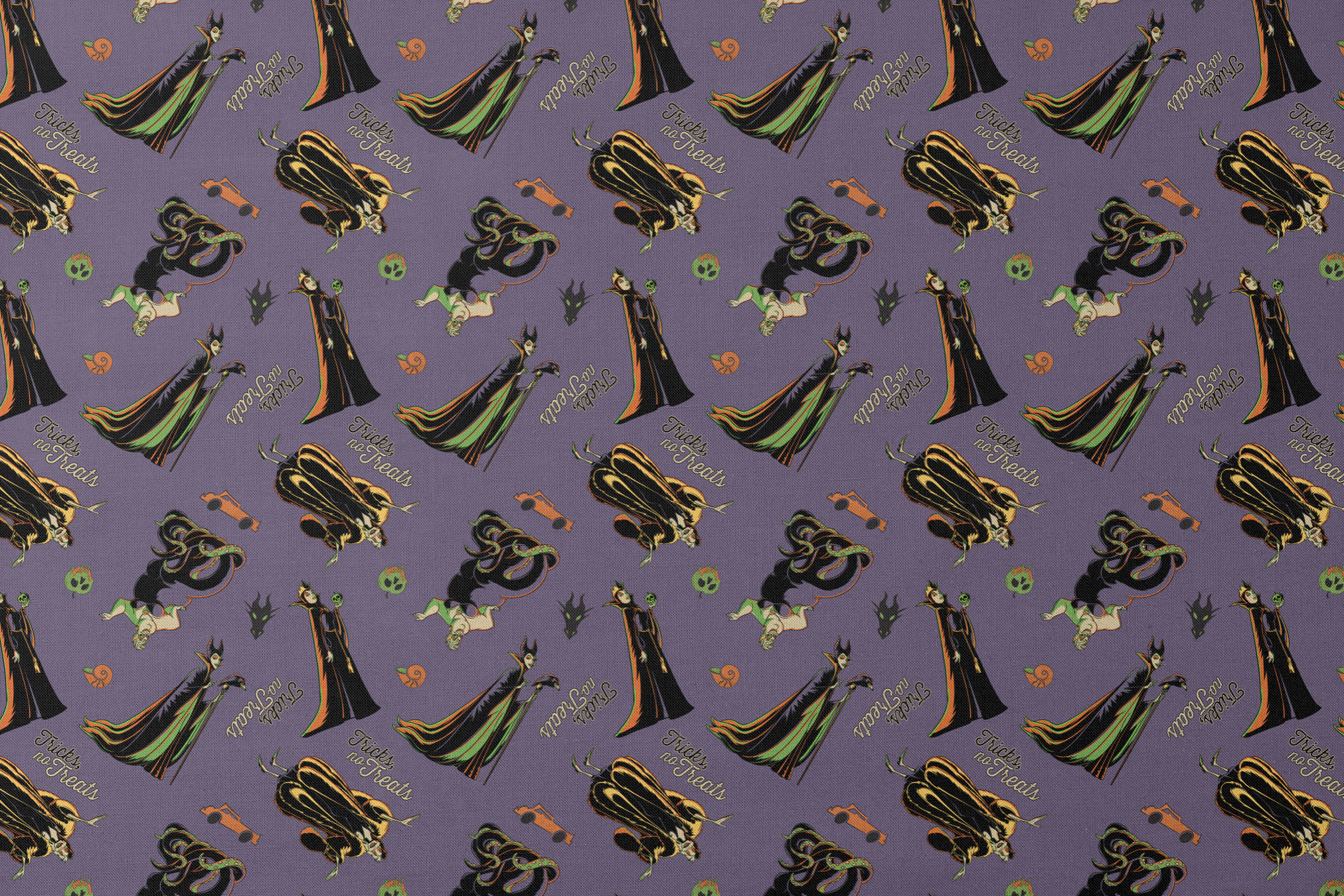Cartoon villains pattern featuring Maleficent and other Disney antagonists on purple background designs flat mockup