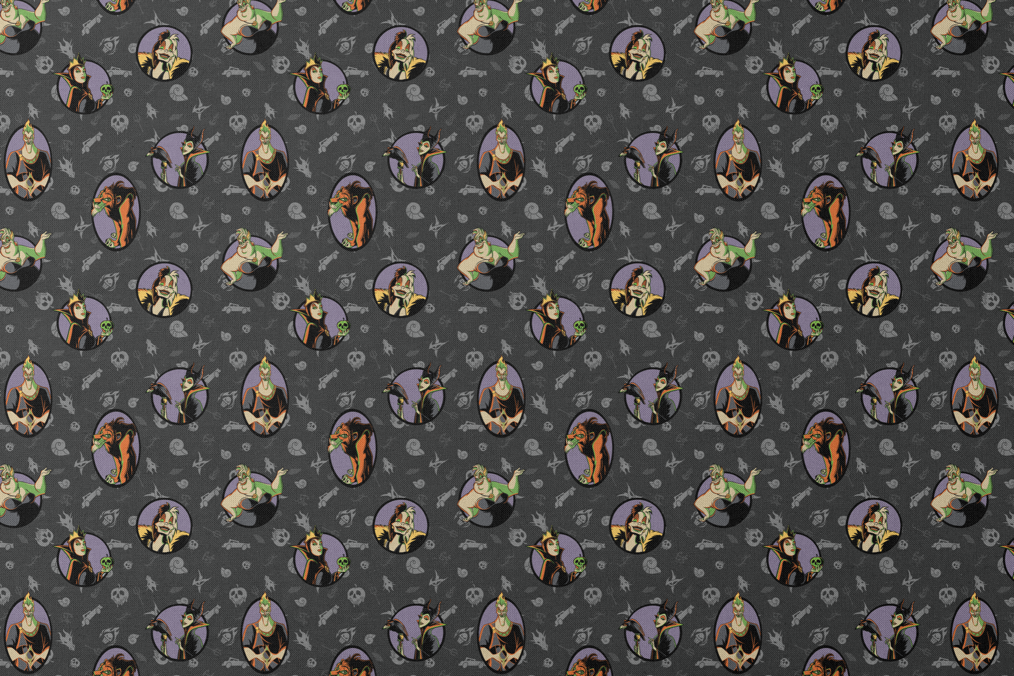 Cartoon Disney villains in purple circles on dark gray background with villain-themed icons designs flat mockup