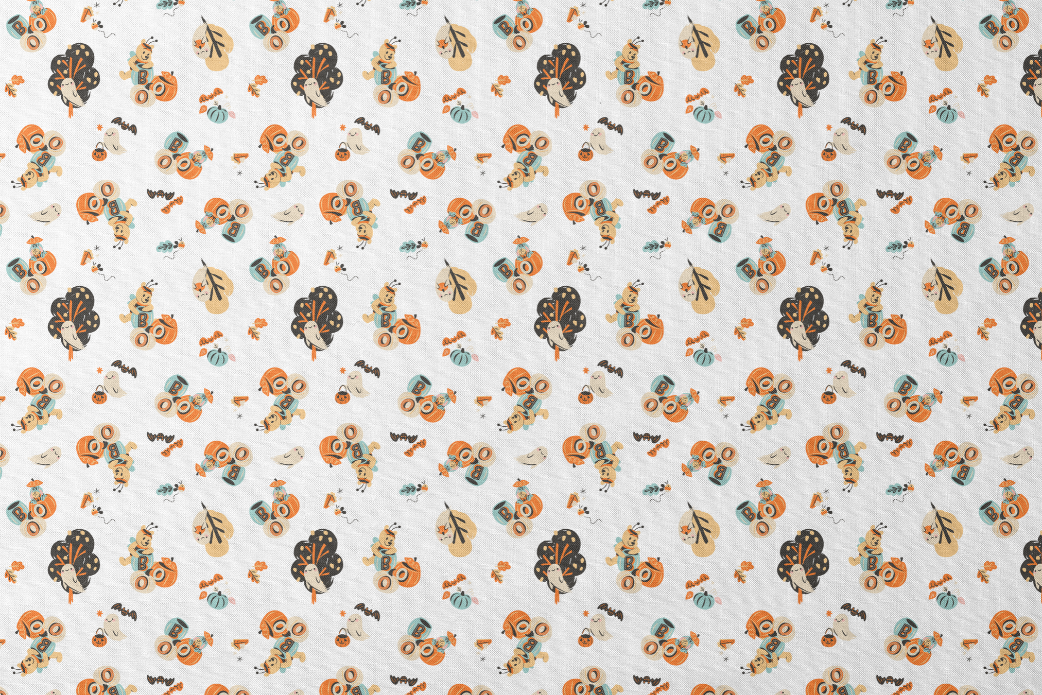Halloween-themed pattern with Winnie the Pooh characters, pumpkins, and autumn motifs in orange, teal and black on white background. designs flat mockup