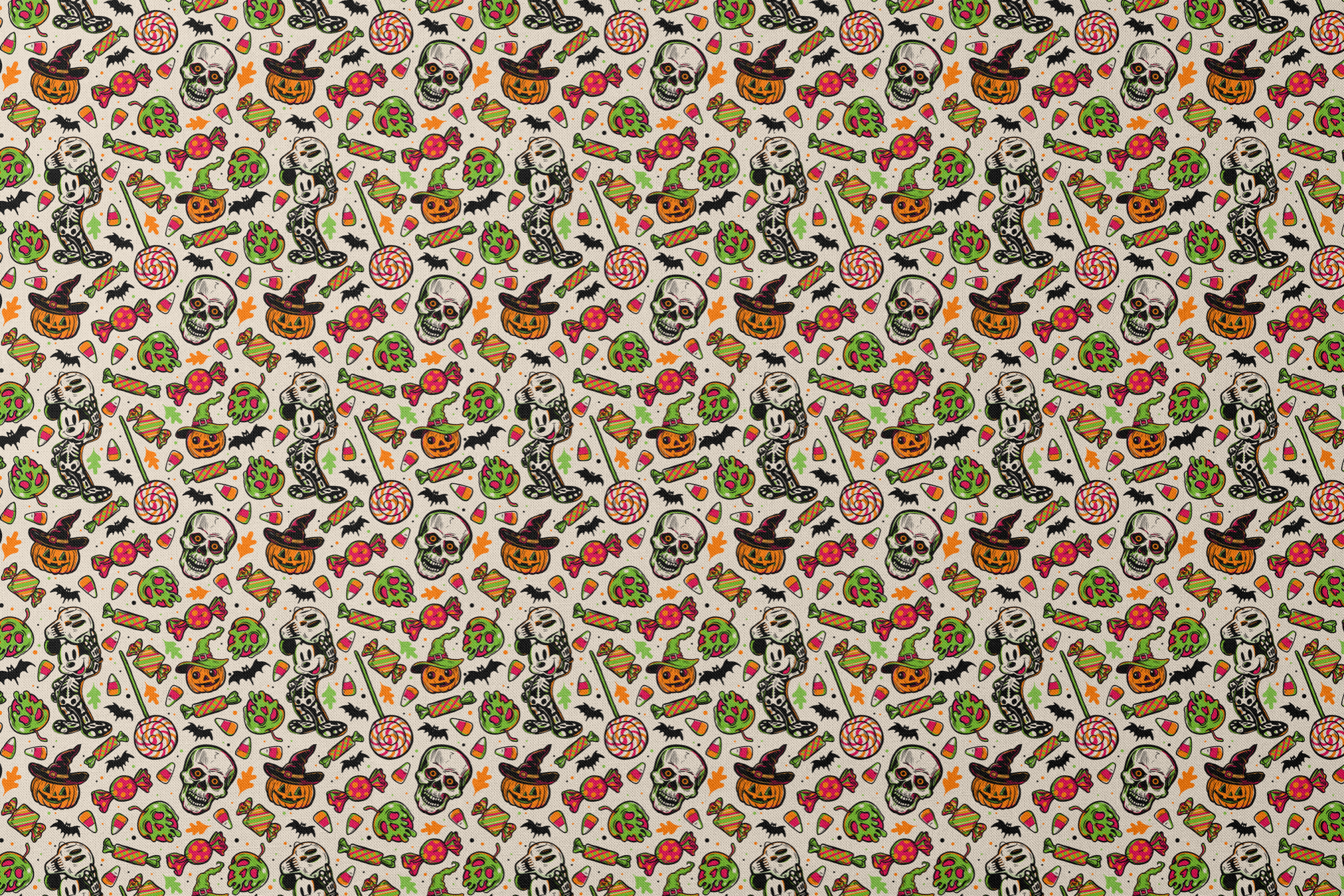 Halloween pattern with skulls, pumpkins, candy corn, wrapped candies, lollipops, bats, and autumn leaves on cream background designs flat mockup