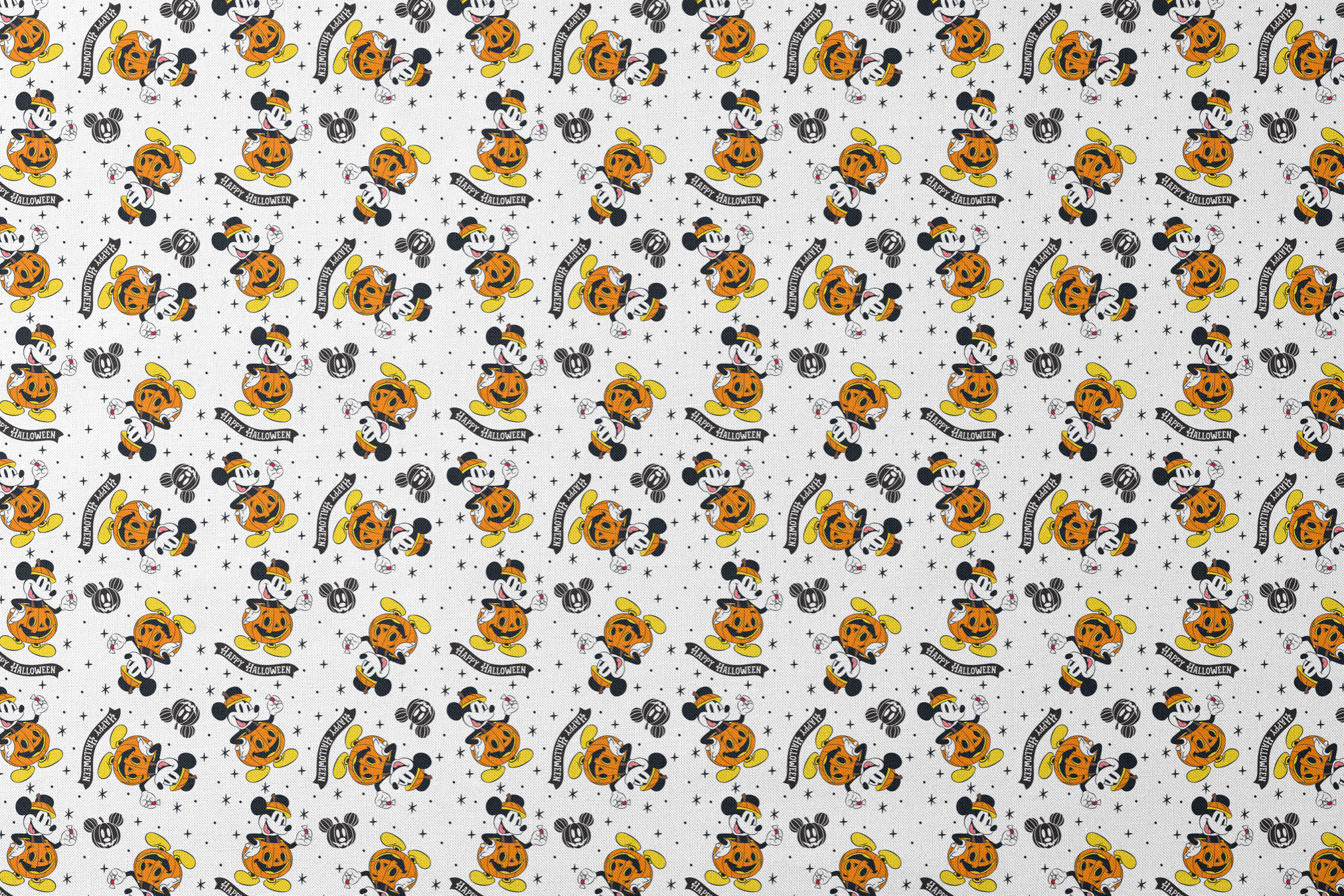 Mickey Mouse Halloween pattern dressed as pumpkins on white background with stars and "Happy Halloween" text designs flat mockup