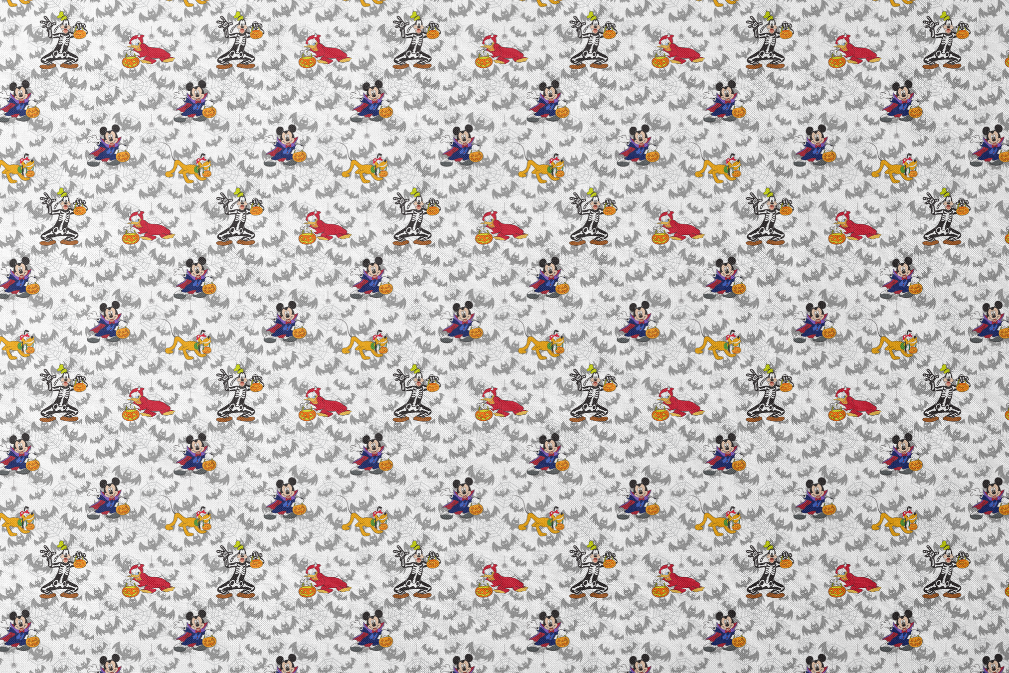 Disney cartoon characters in Halloween costumes with pumpkins on bat pattern background designs flat mockup