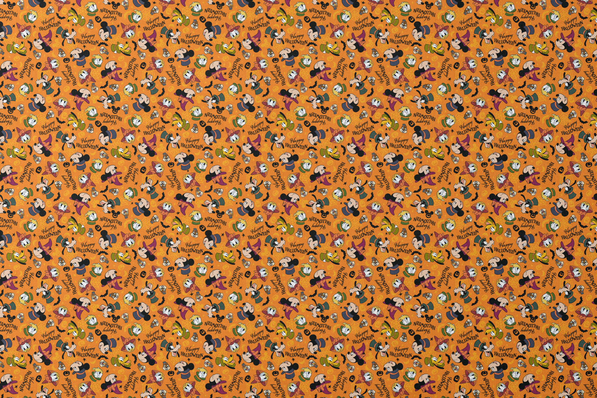 Disney characters in Halloween costumes on orange background with pumpkins and "Happy Halloween" text designs flat mockup