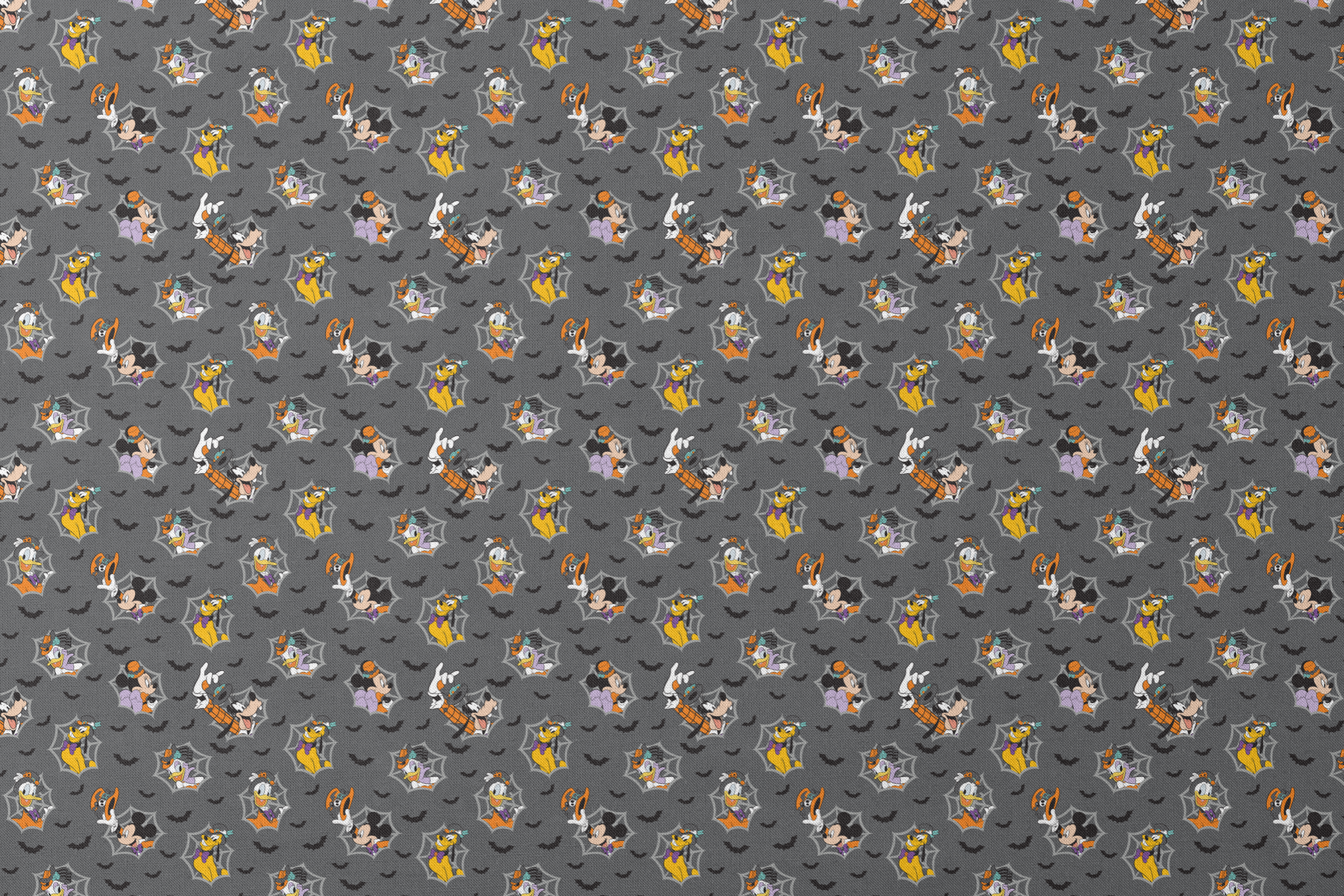 Disney cartoon characters in Halloween costumes on gray background with spider webs and bats designs flat mockup