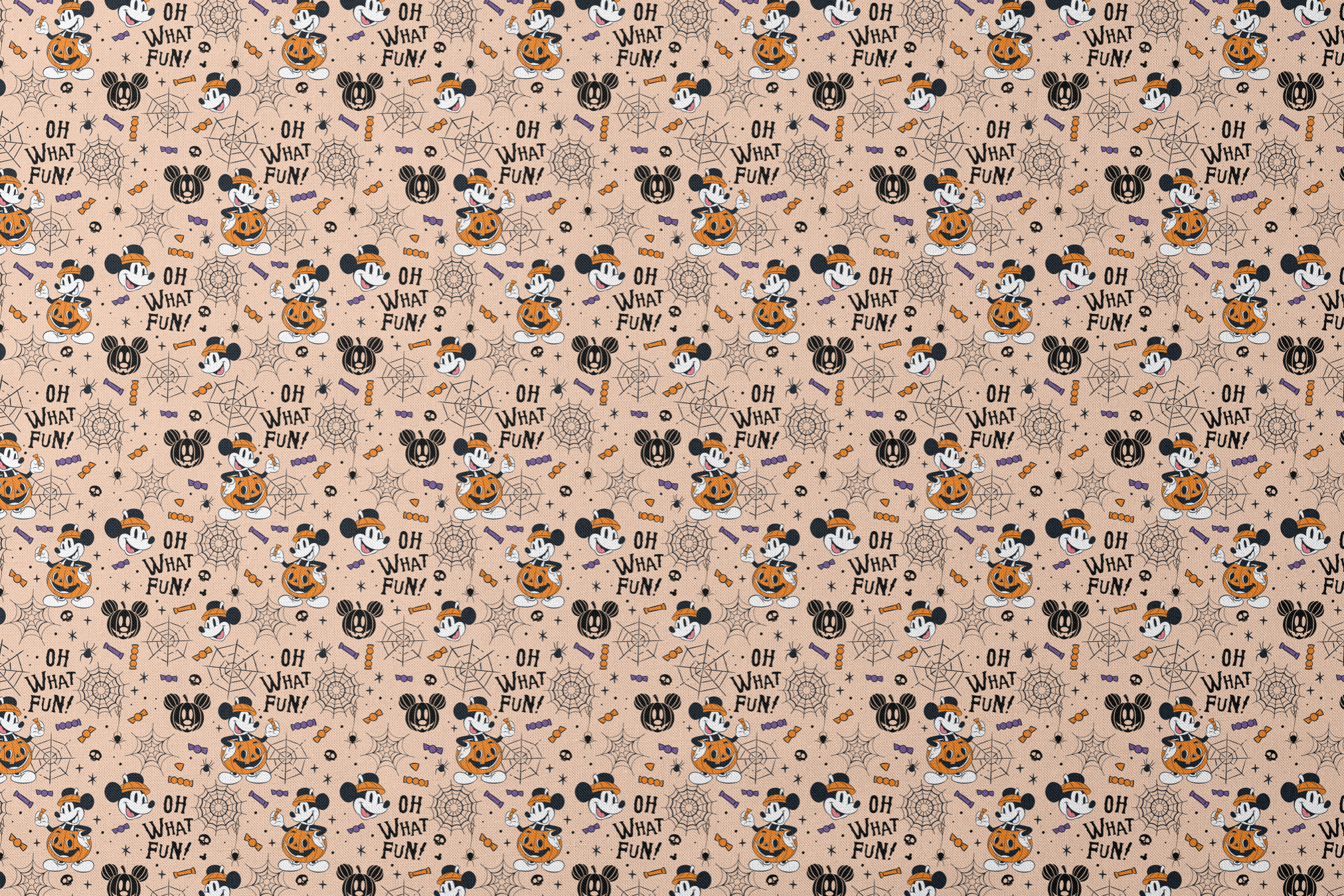 Halloween Mickey Mouse pattern with "OH WHAT FUN!" text, pumpkins, spiderwebs, and candy on beige background designs flat mockup