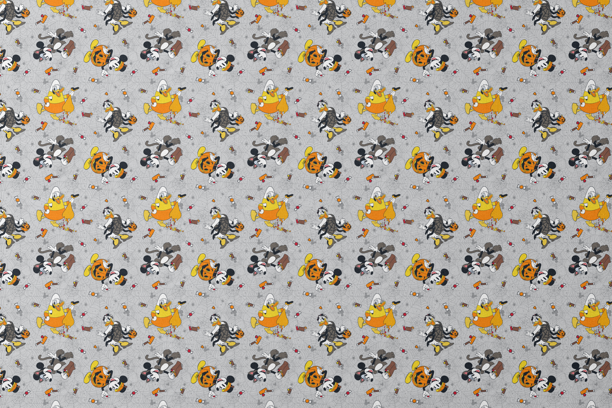 Disney characters on gray spider web pattern with candy corn scattered throughout, Halloween themed design. designs flat mockup