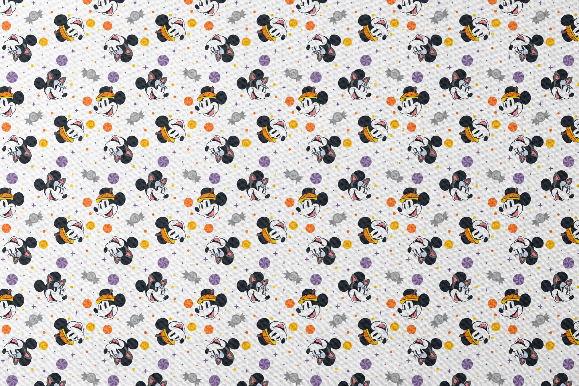 Mickey and Minnie Mouse cartoon heads scattered with wrapped candies and colorful dots on white background designs flat mockup