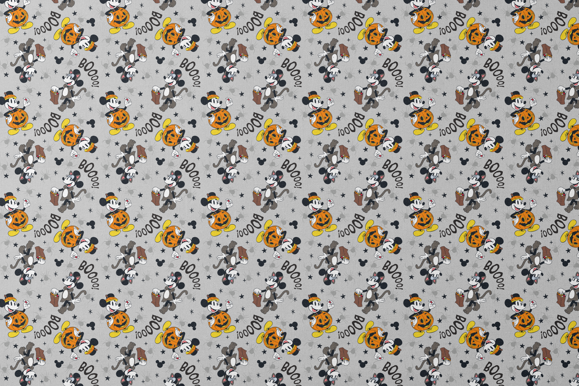 Mickey Mouse Halloween pattern with pumpkins, spiders, bats, "BOO!" text on gray background designs flat mockup