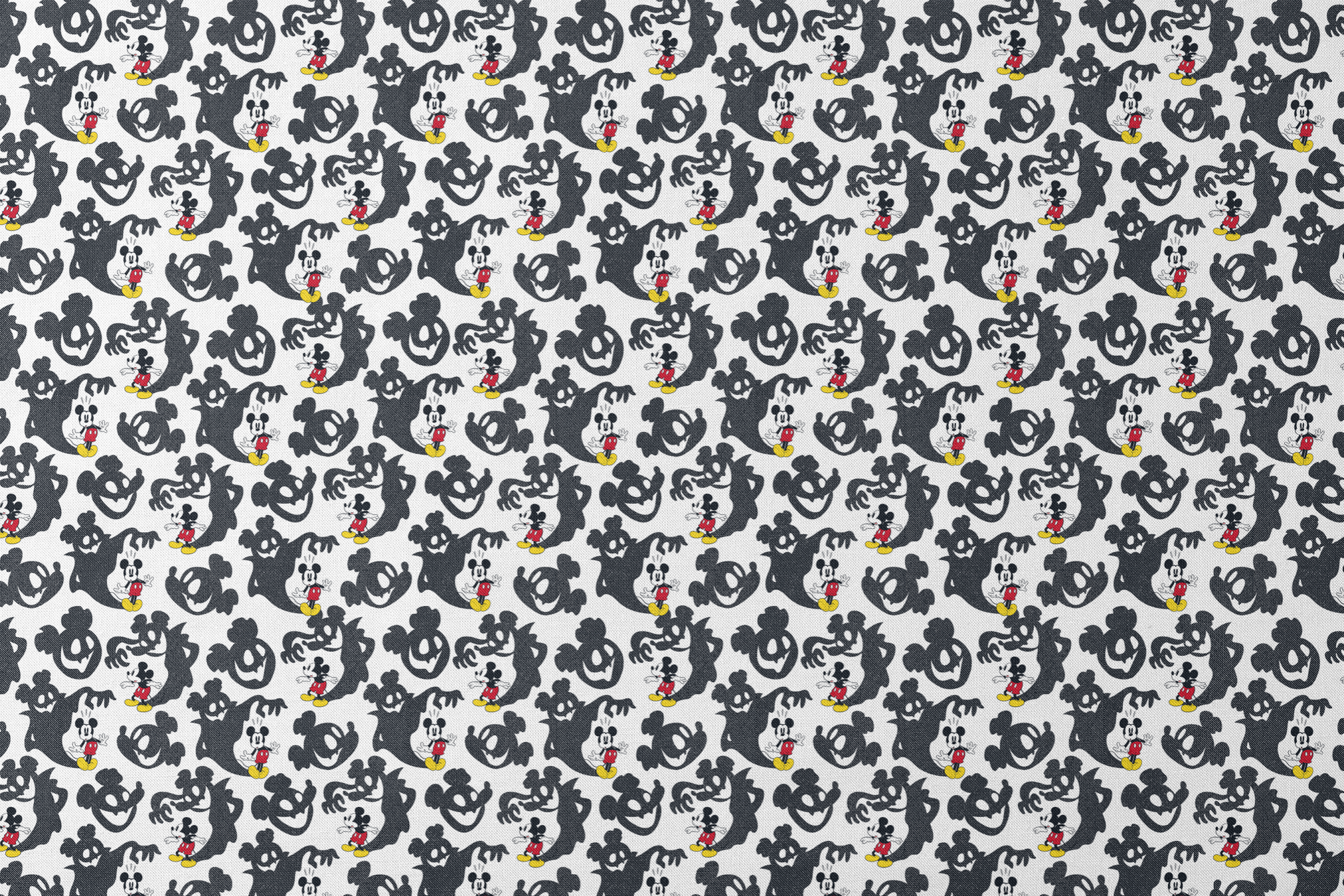 Mickey Mouse pattern with black ghost silhouettes on white background designs flat mockup