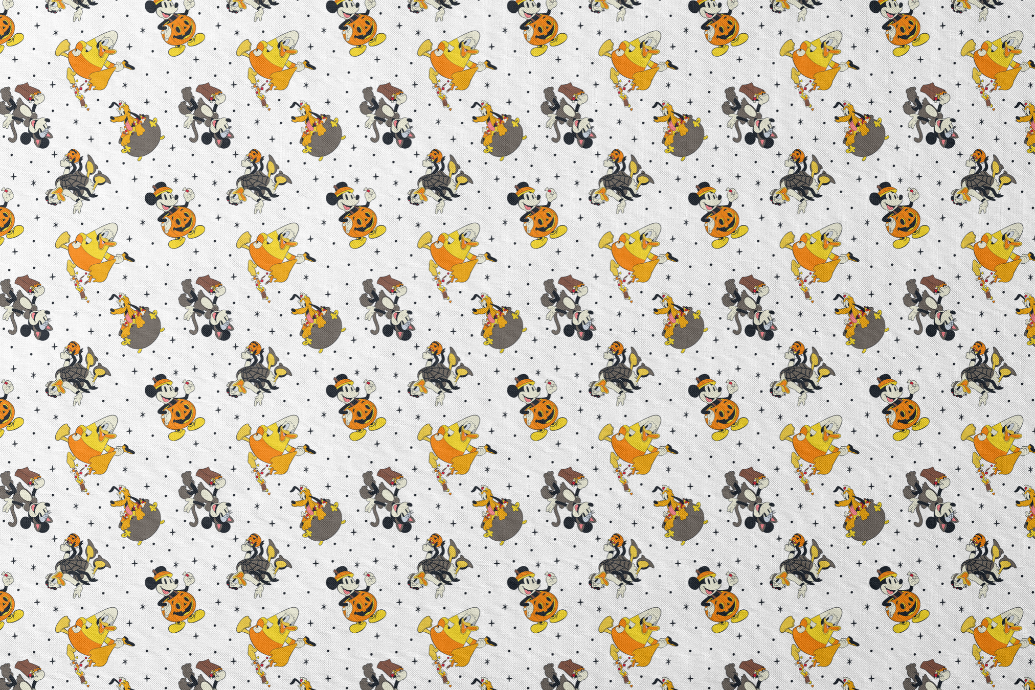 Disney characters in Halloween costumes on white background with stars - Mickey, Pluto, and friends in festive attire designs flat mockup