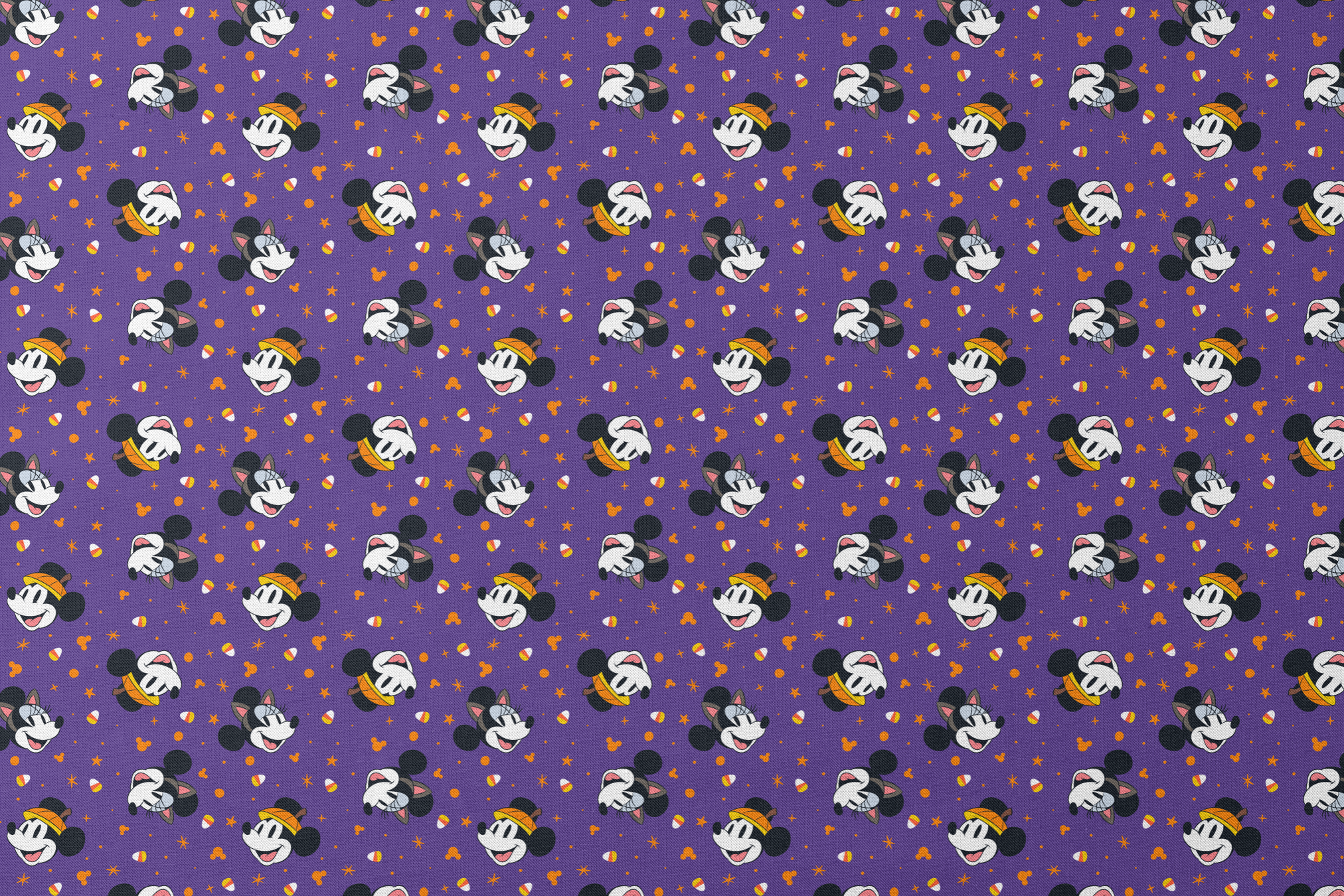 Mickey Mouse Halloween pattern with candy corn and stars on purple background designs flat mockup